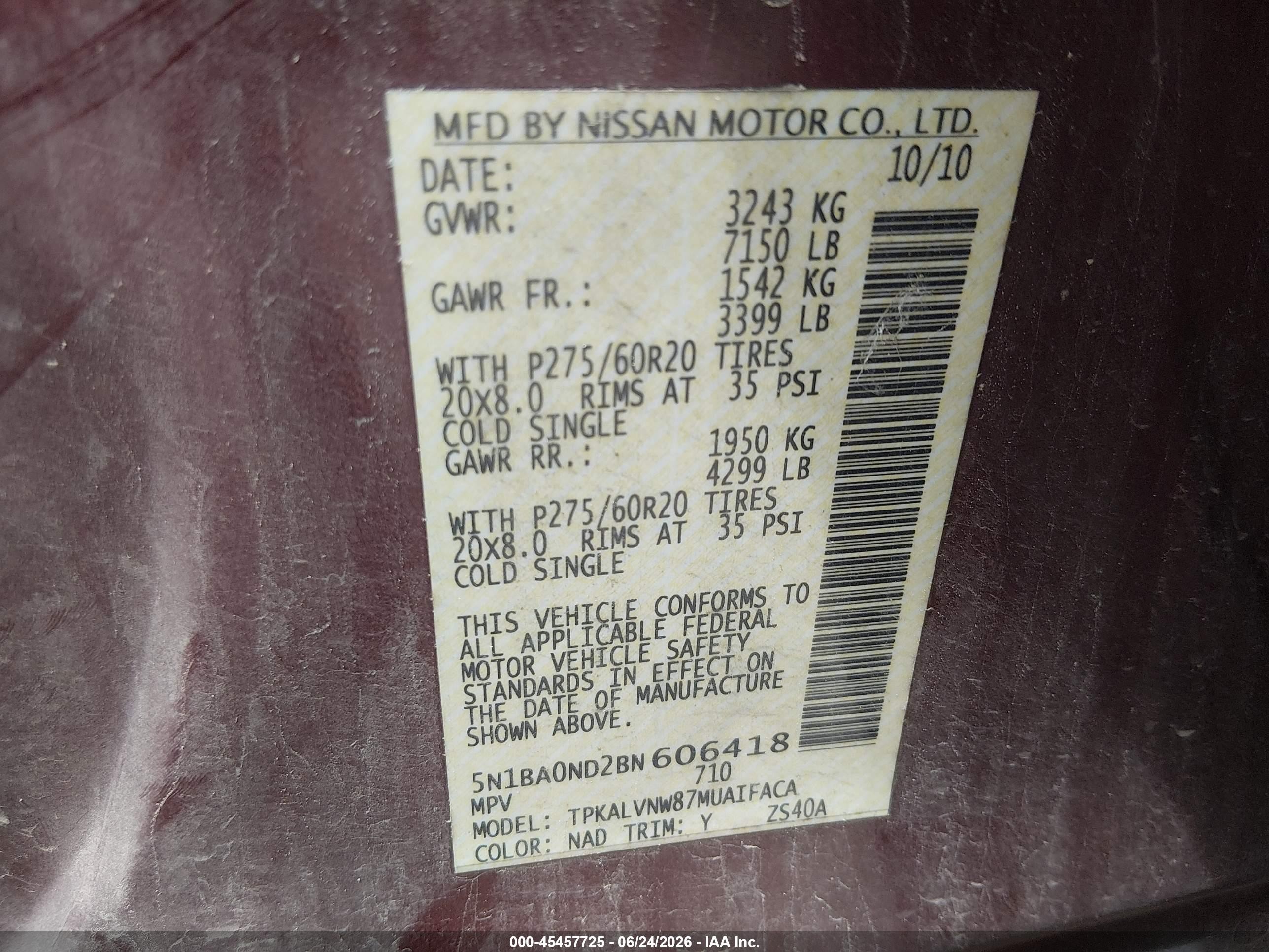 2011 Nissan Armada Platinum Burgundy vin: 5N1BA0ND2BN606418
