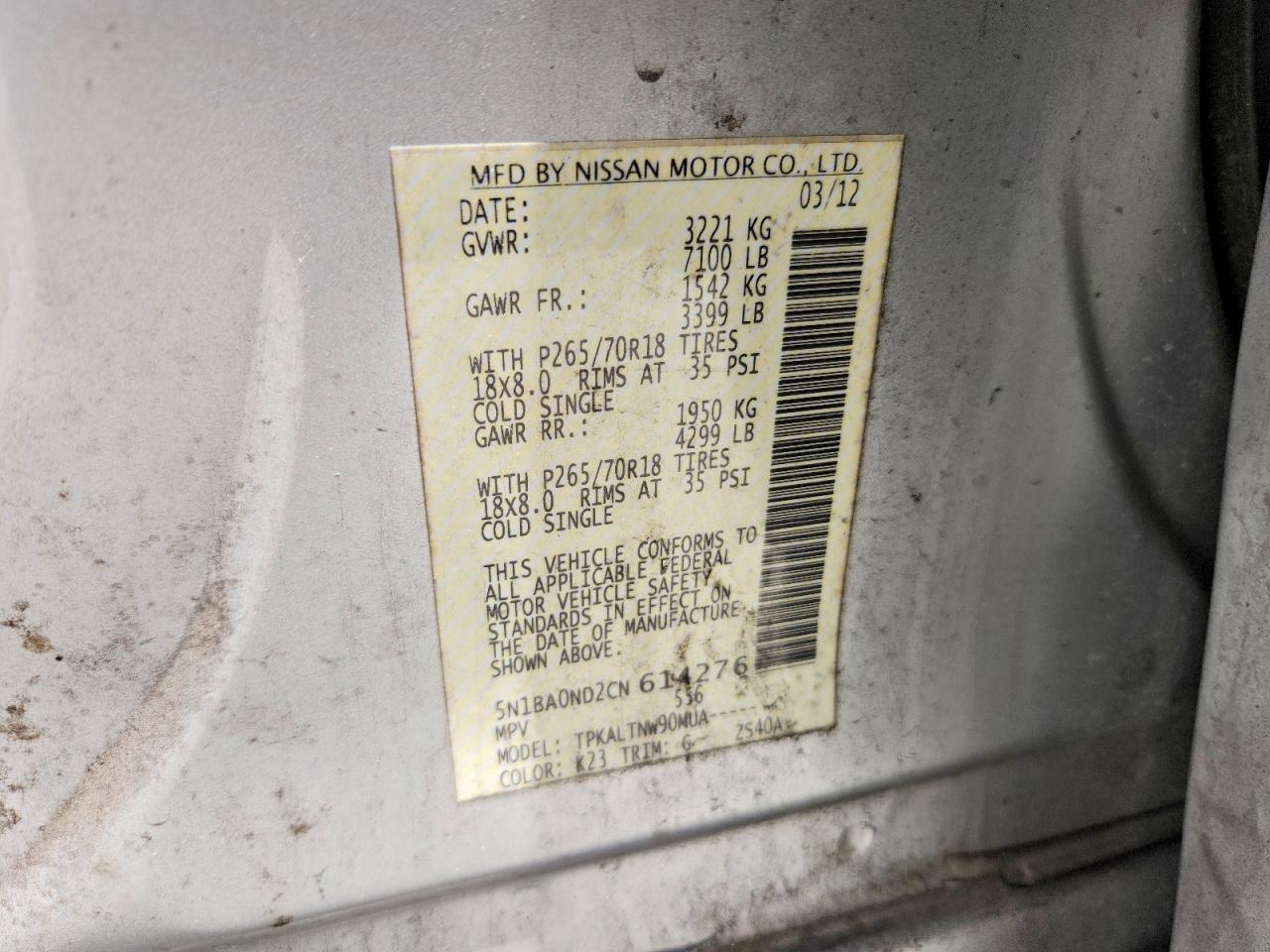 2012 Nissan Armada Sv Silver vin: 5N1BA0ND2CN614276