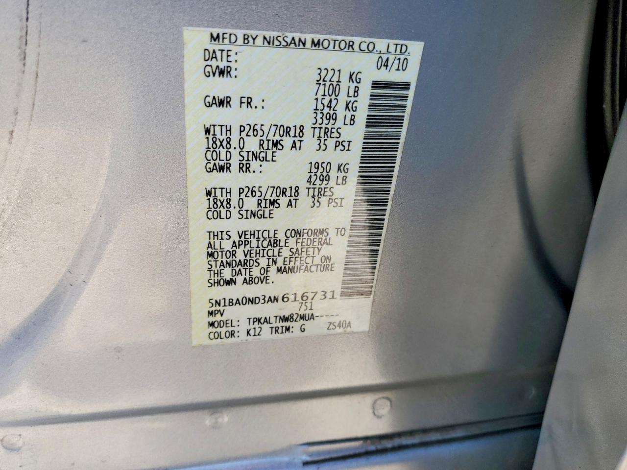 2010 Nissan Armada Se Silver vin: 5N1BA0ND3AN616731