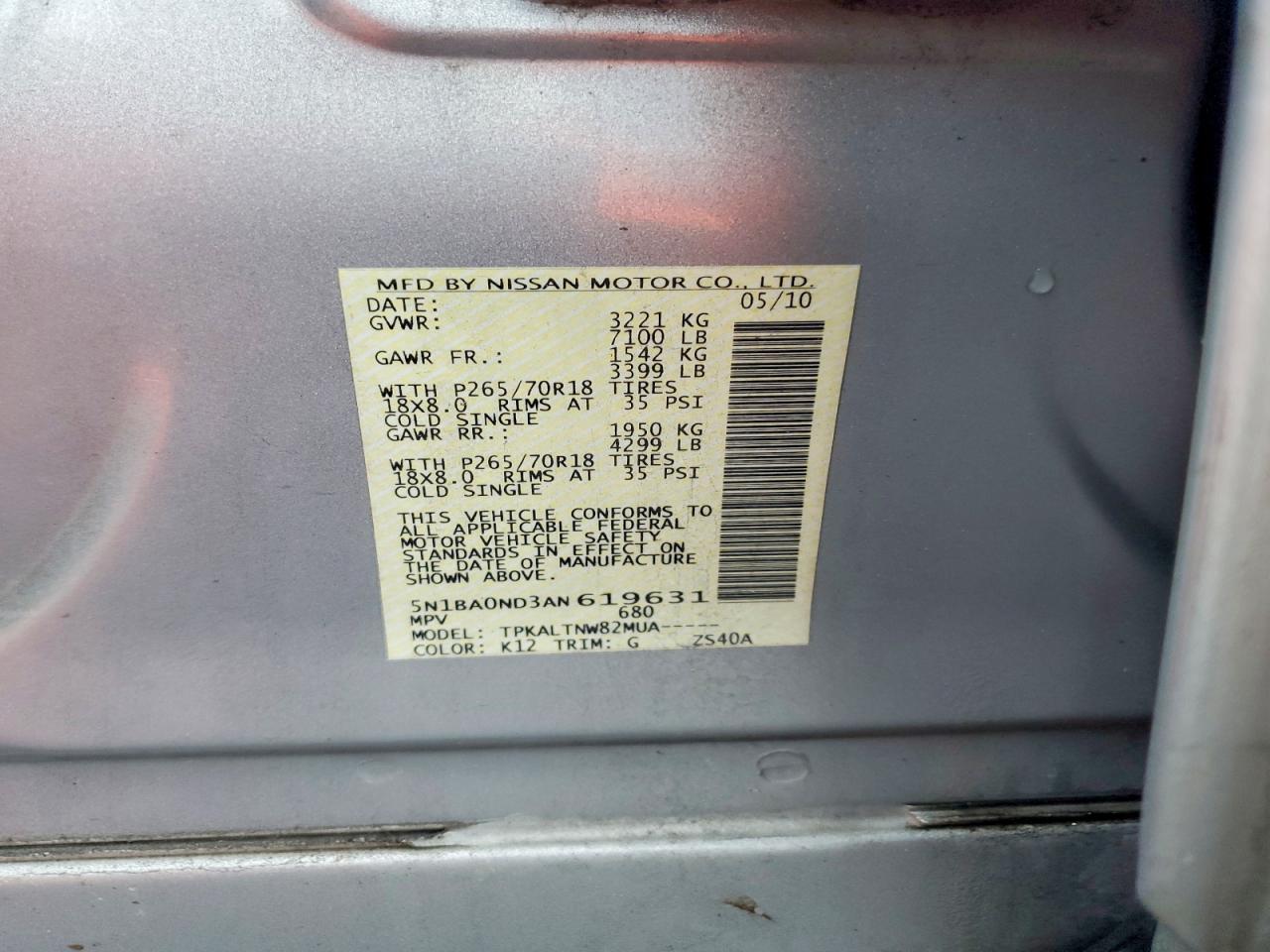 2010 Nissan Armada Se Silver vin: 5N1BA0ND3AN619631