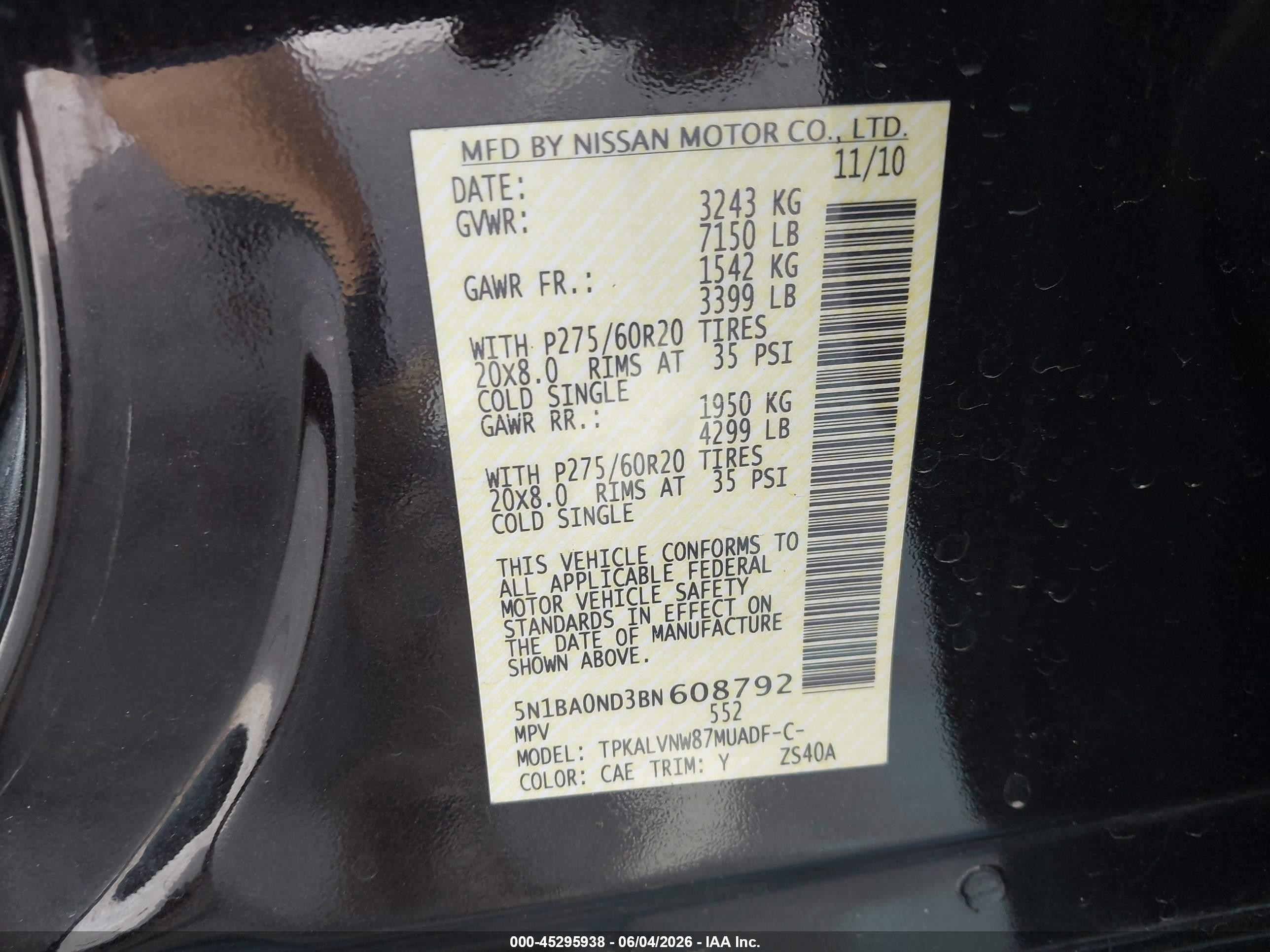 2011 Nissan Armada Sl Black vin: 5N1BA0ND3BN608792
