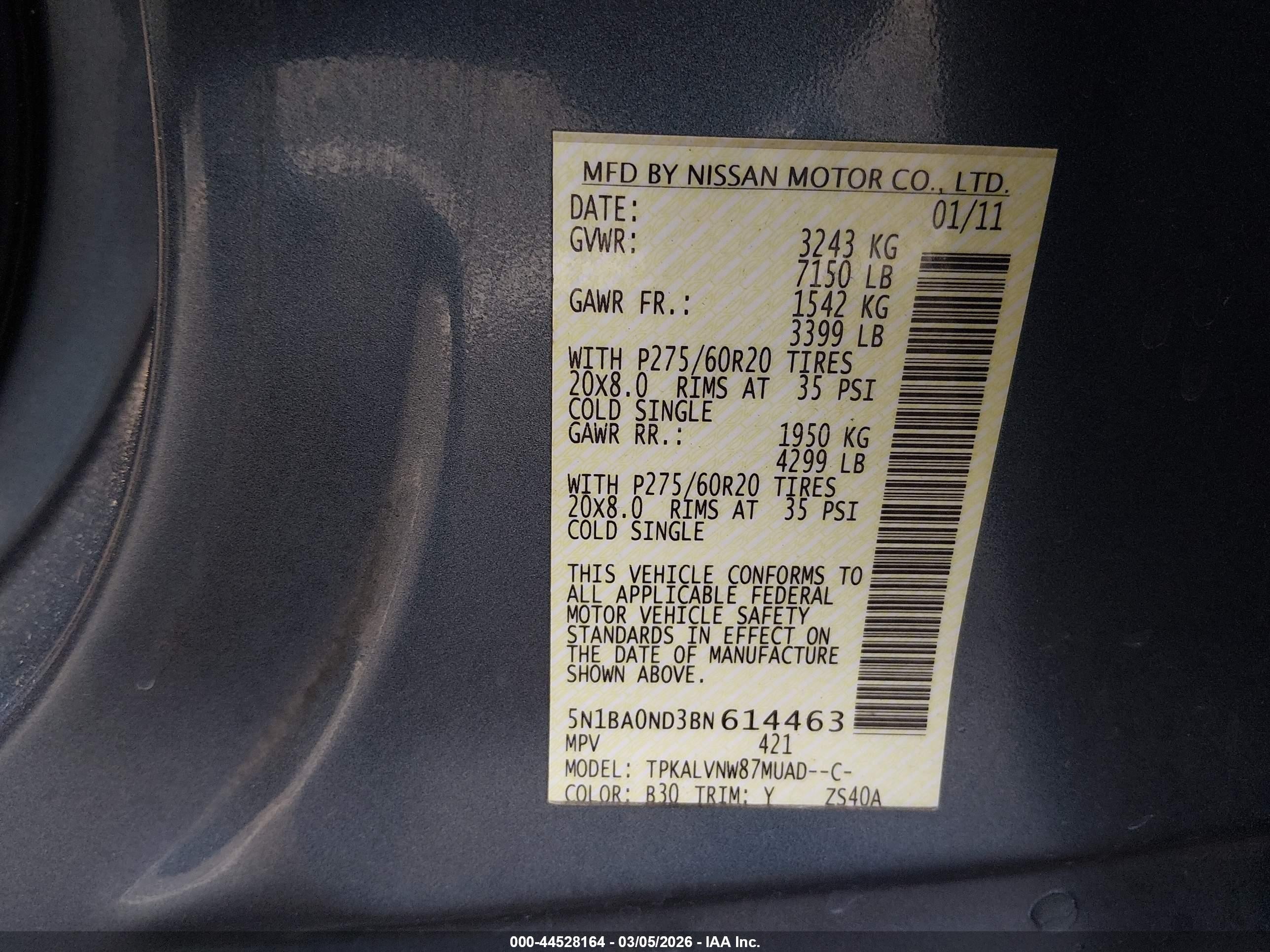 2011 Nissan Armada Sl Синий vin: 5N1BA0ND3BN614463