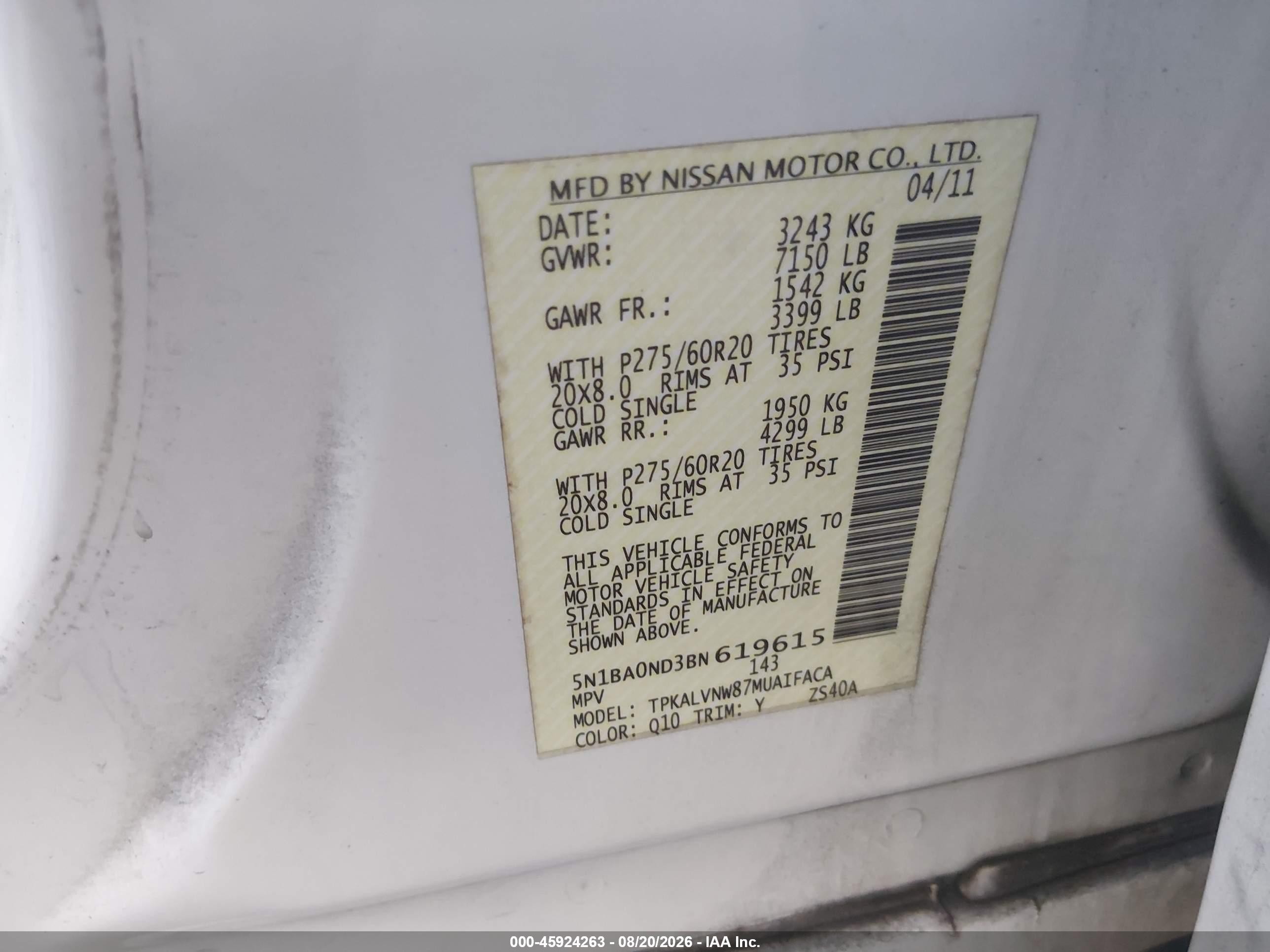 2011 Nissan Armada Platinum White vin: 5N1BA0ND3BN619615