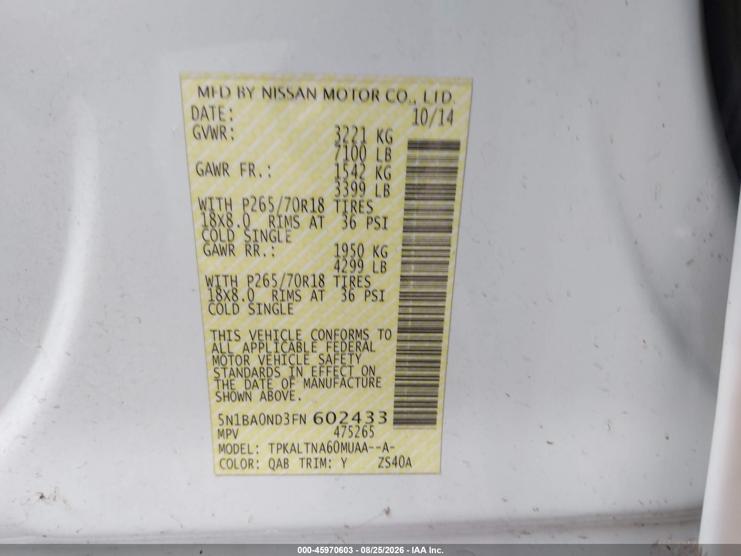 2015 Nissan Armada Sv White vin: 5N1BA0ND3FN602433