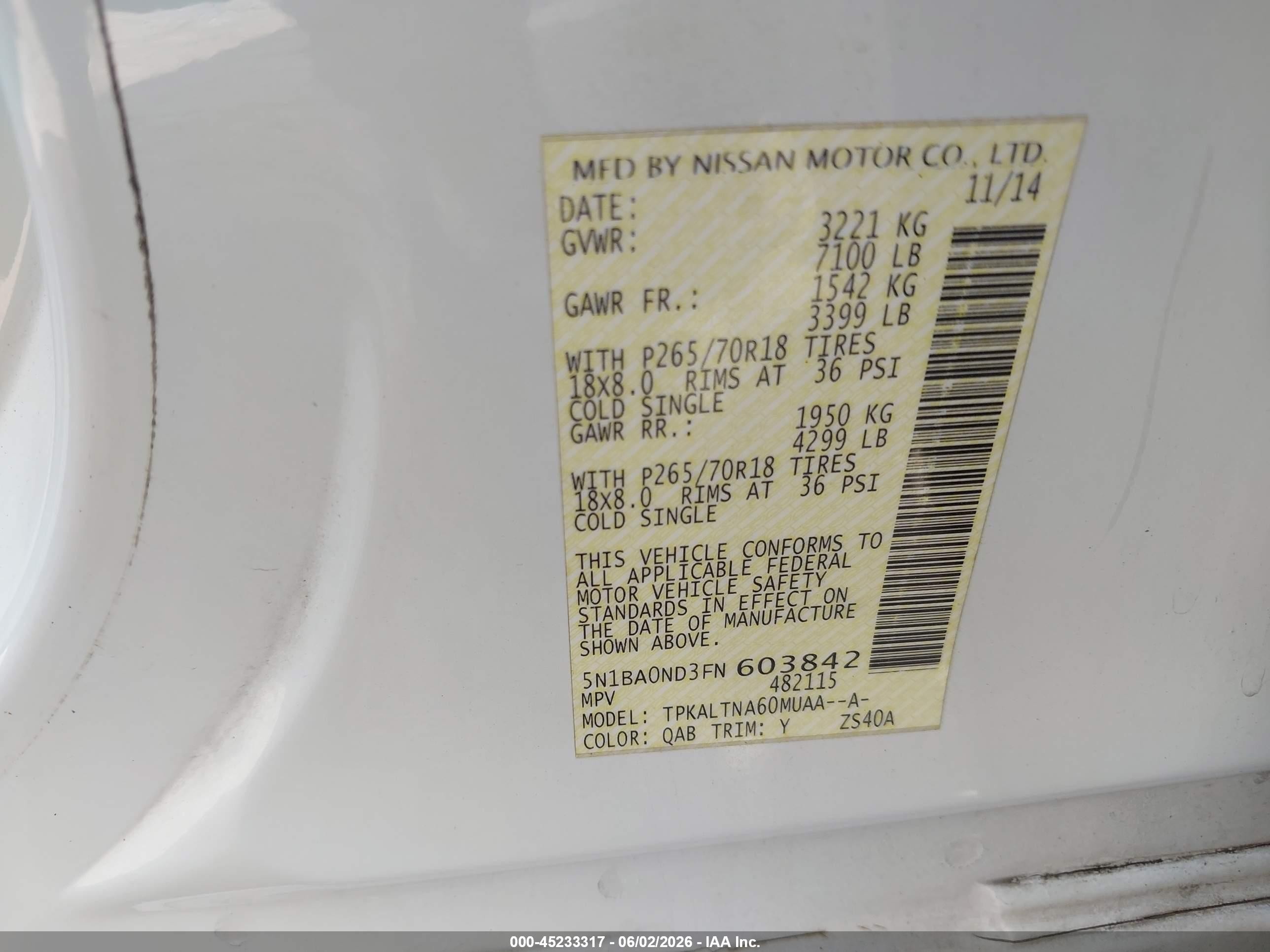 2015 Nissan Armada Sv White vin: 5N1BA0ND3FN603842