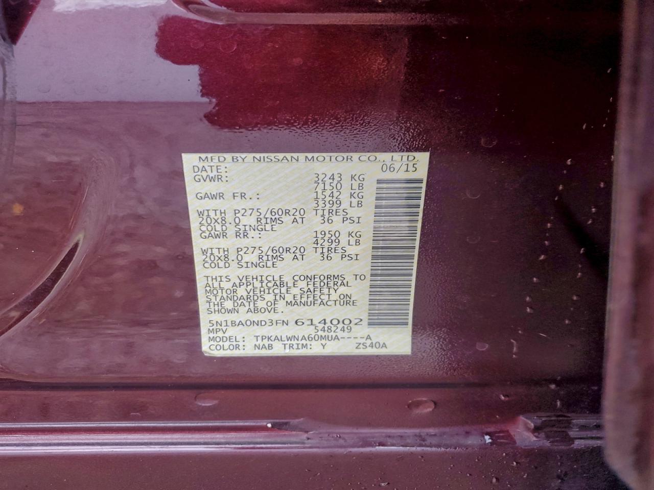 2015 Nissan Armada Platinum Burgundy vin: 5N1BA0ND3FN614002