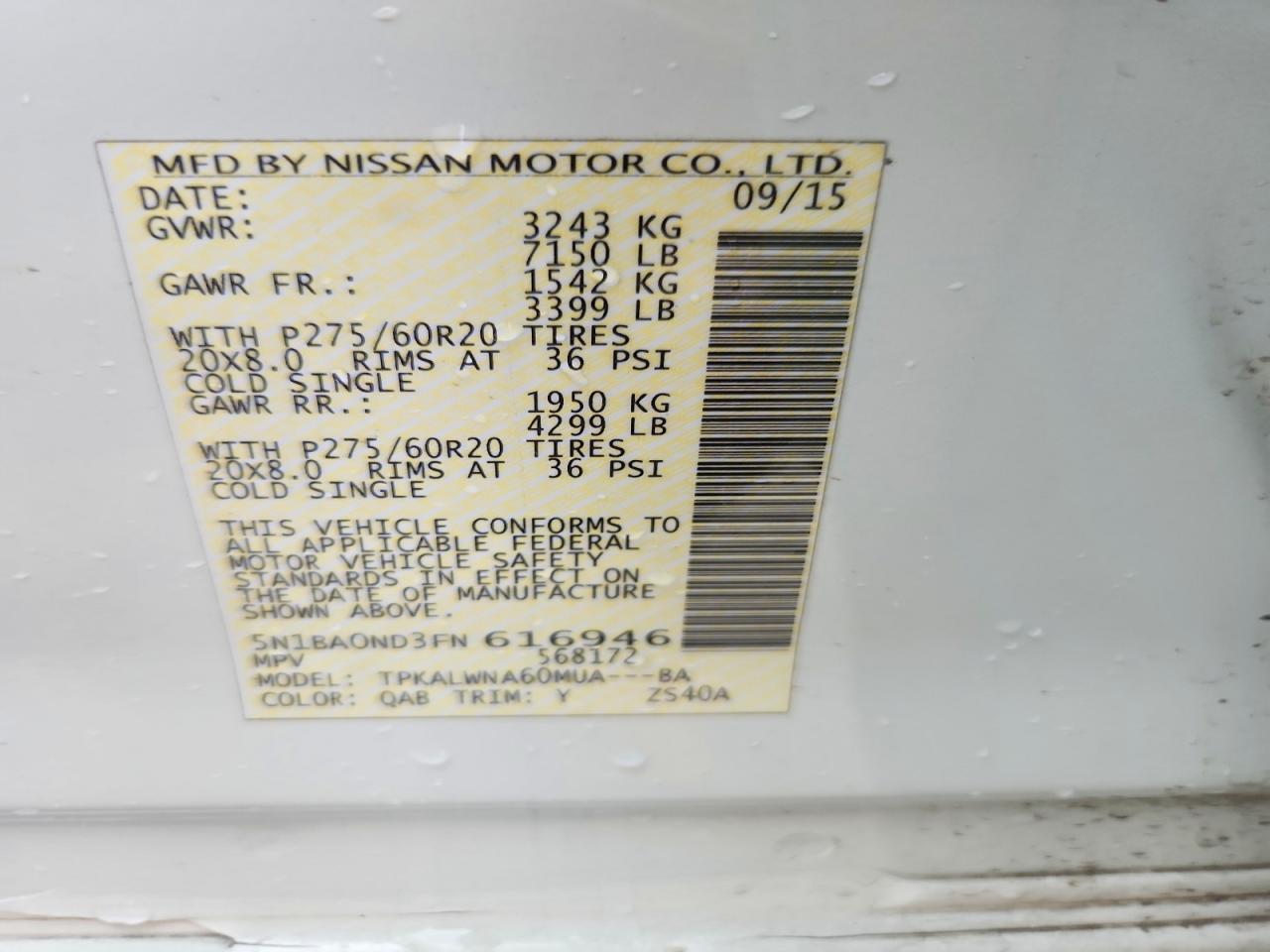 2015 Nissan Armada Platinum White vin: 5N1BA0ND3FN616946