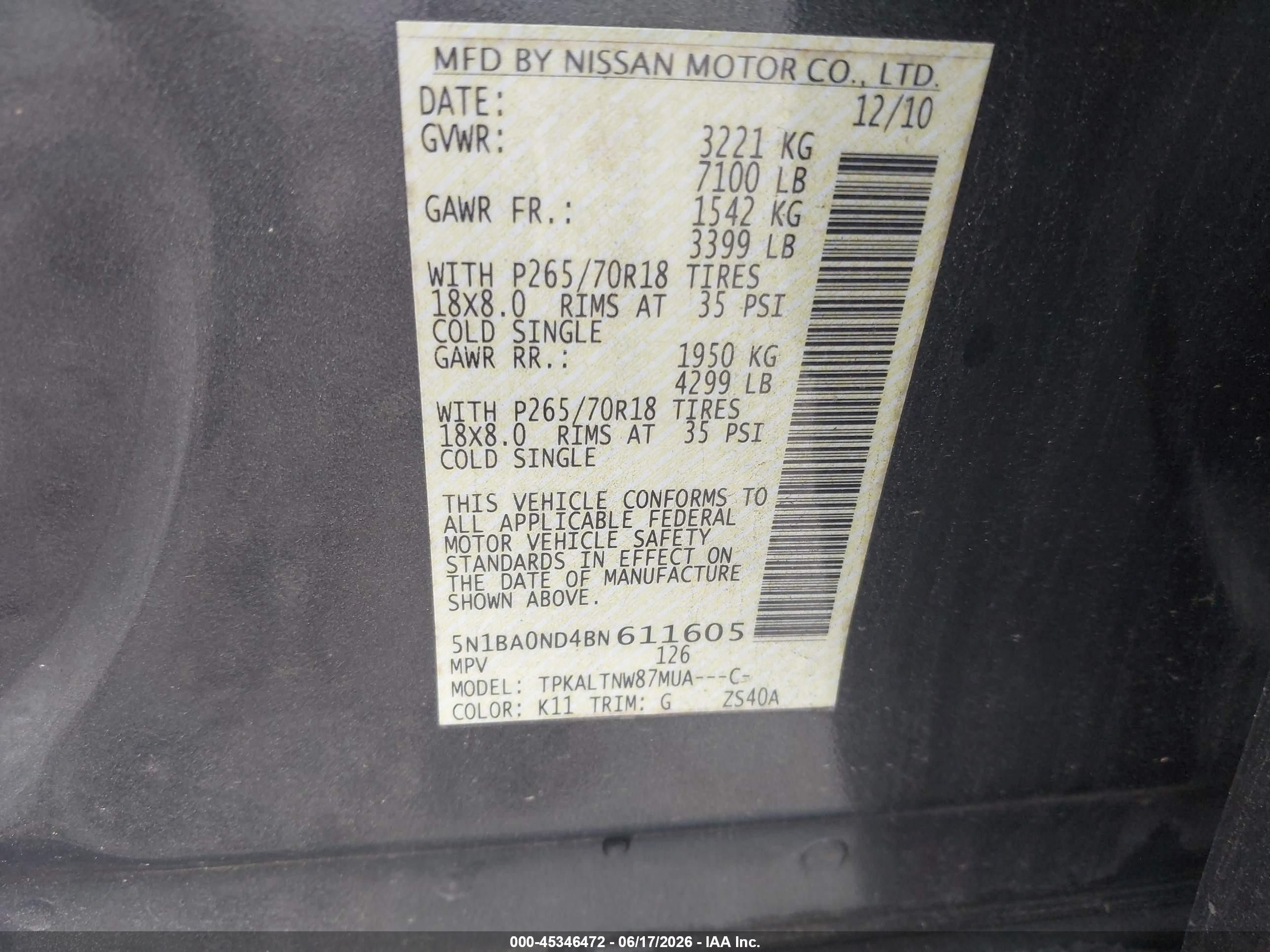 2011 Nissan Armada Sv Gray vin: 5N1BA0ND4BN611605
