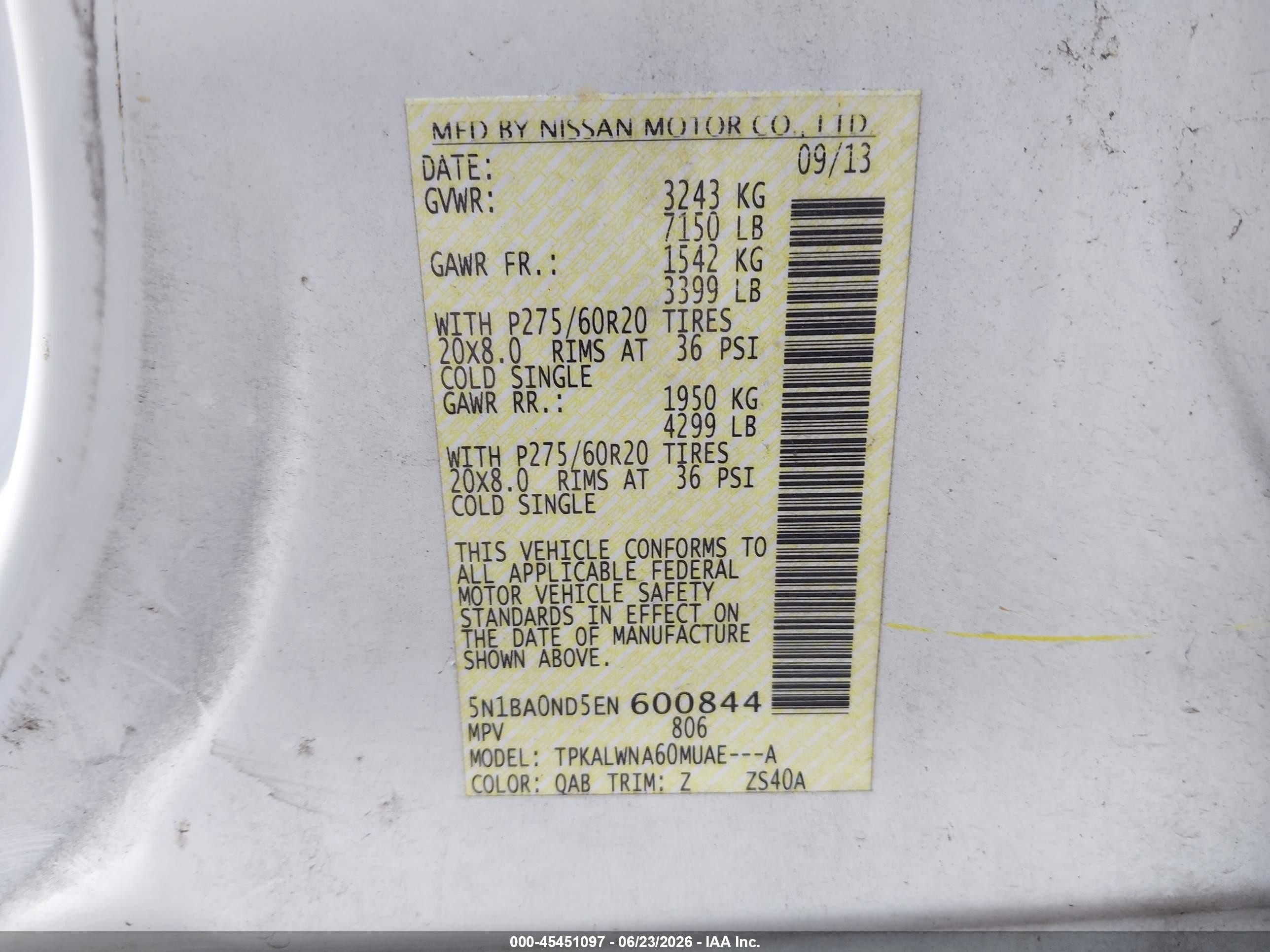 2014 Nissan Armada Platinum White vin: 5N1BA0ND5EN600844