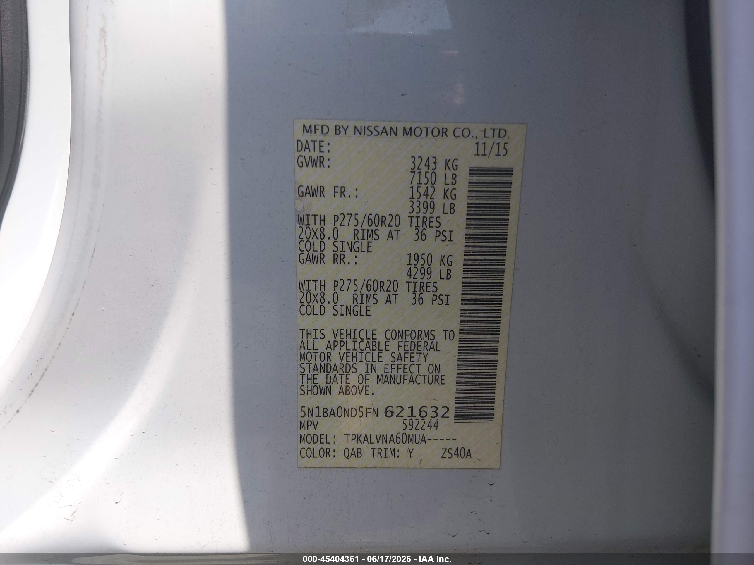 2015 Nissan Armada Sl White vin: 5N1BA0ND5FN621632