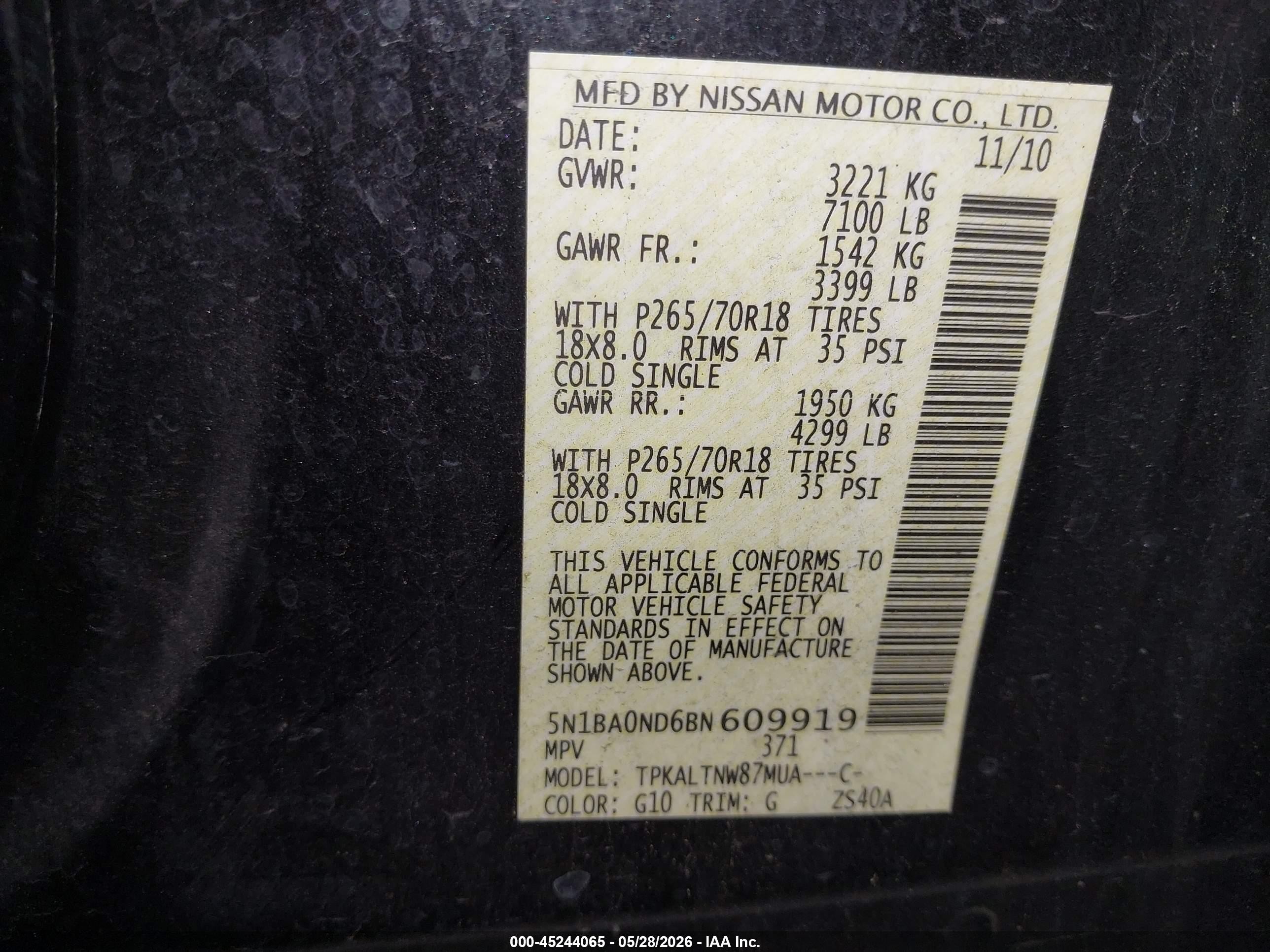 2011 Nissan Armada Sv Black vin: 5N1BA0ND6BN609919