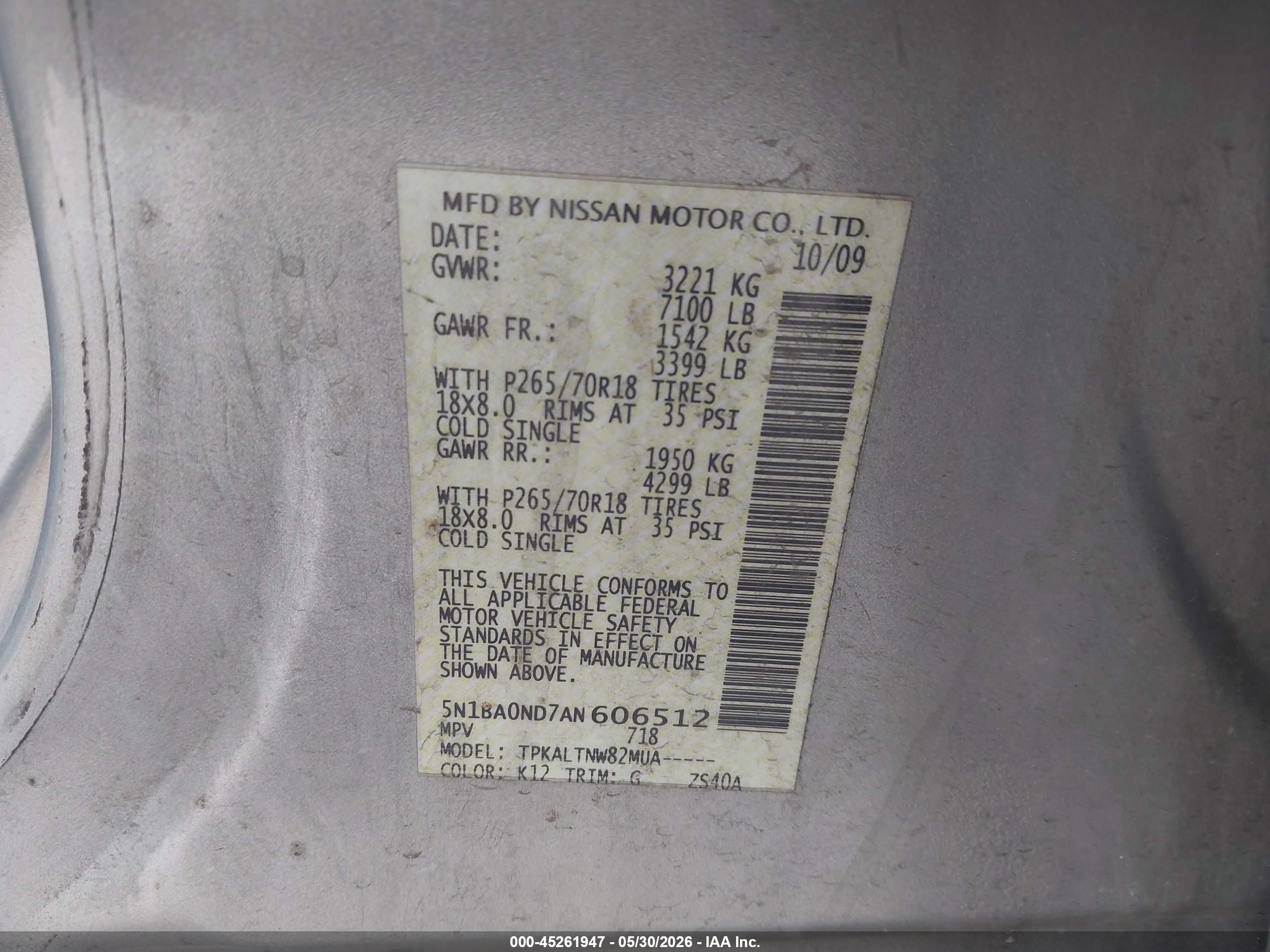 2010 Nissan Armada Se Silver vin: 5N1BA0ND7AN606512