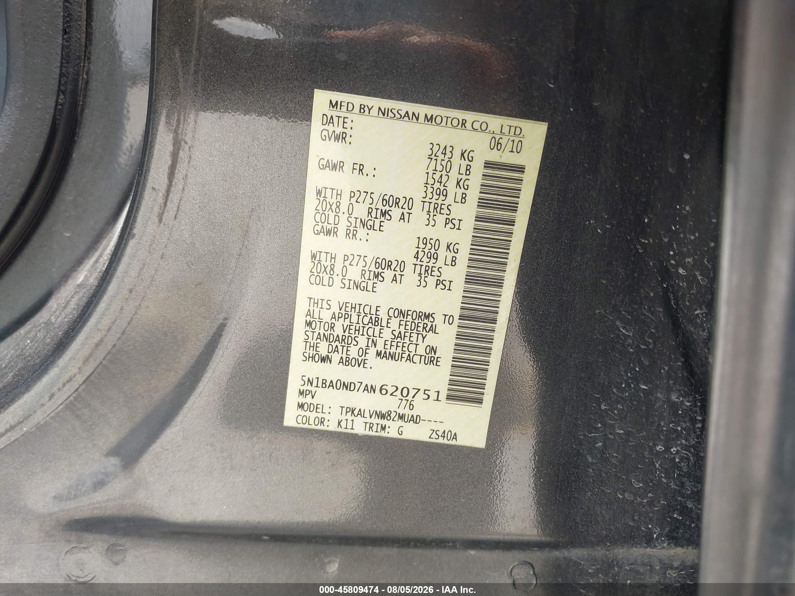 2010 Nissan Armada Titanium Gray vin: 5N1BA0ND7AN620751