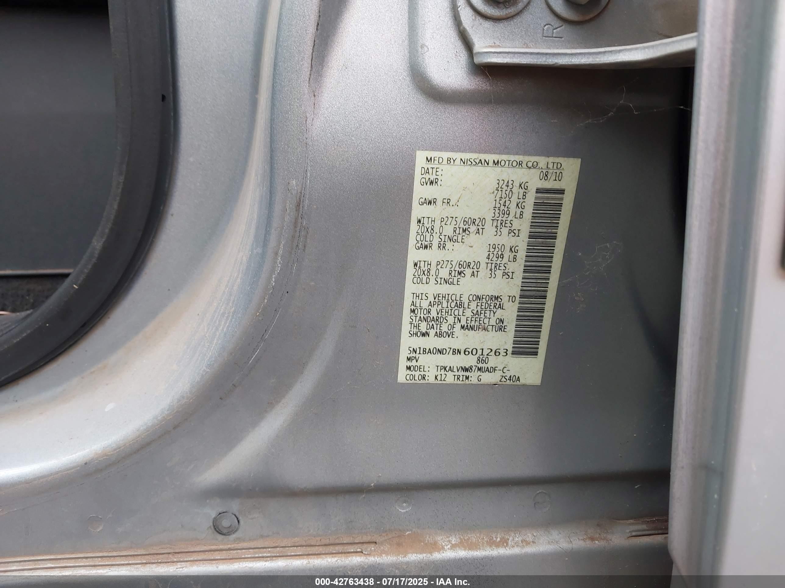 2011 Nissan Armada Sl Серебряный vin: 5N1BA0ND7BN601263