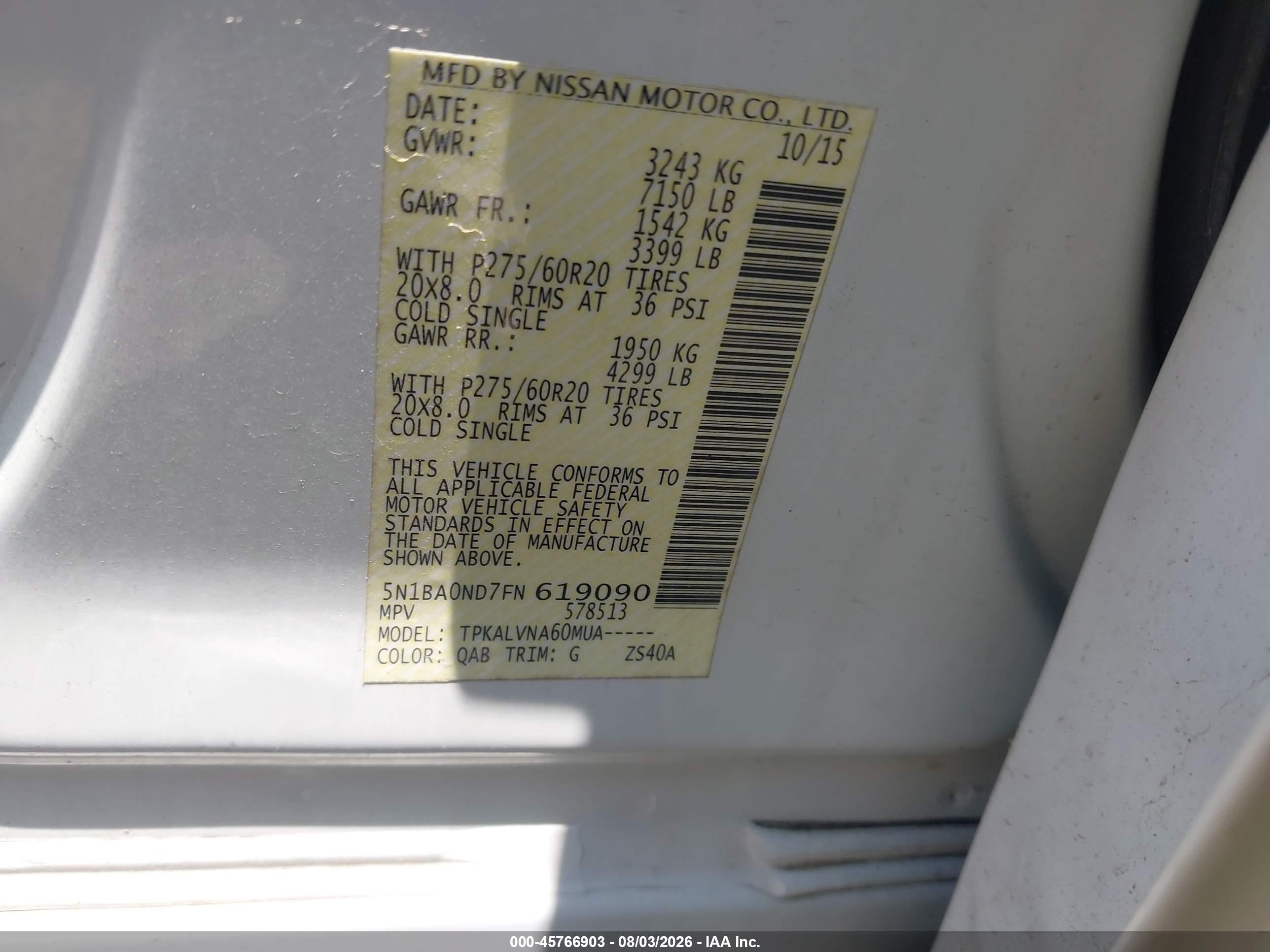 2015 Nissan Armada Sl White vin: 5N1BA0ND7FN619090