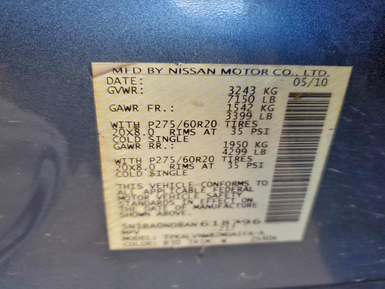 2010 Nissan Armada Se Teal vin: 5N1BA0ND8AN618796