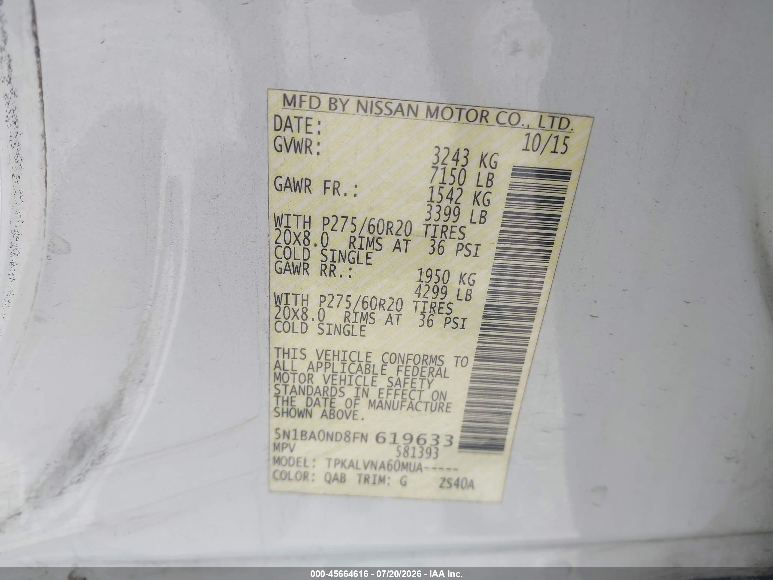 2015 Nissan Armada Sl White vin: 5N1BA0ND8FN619633