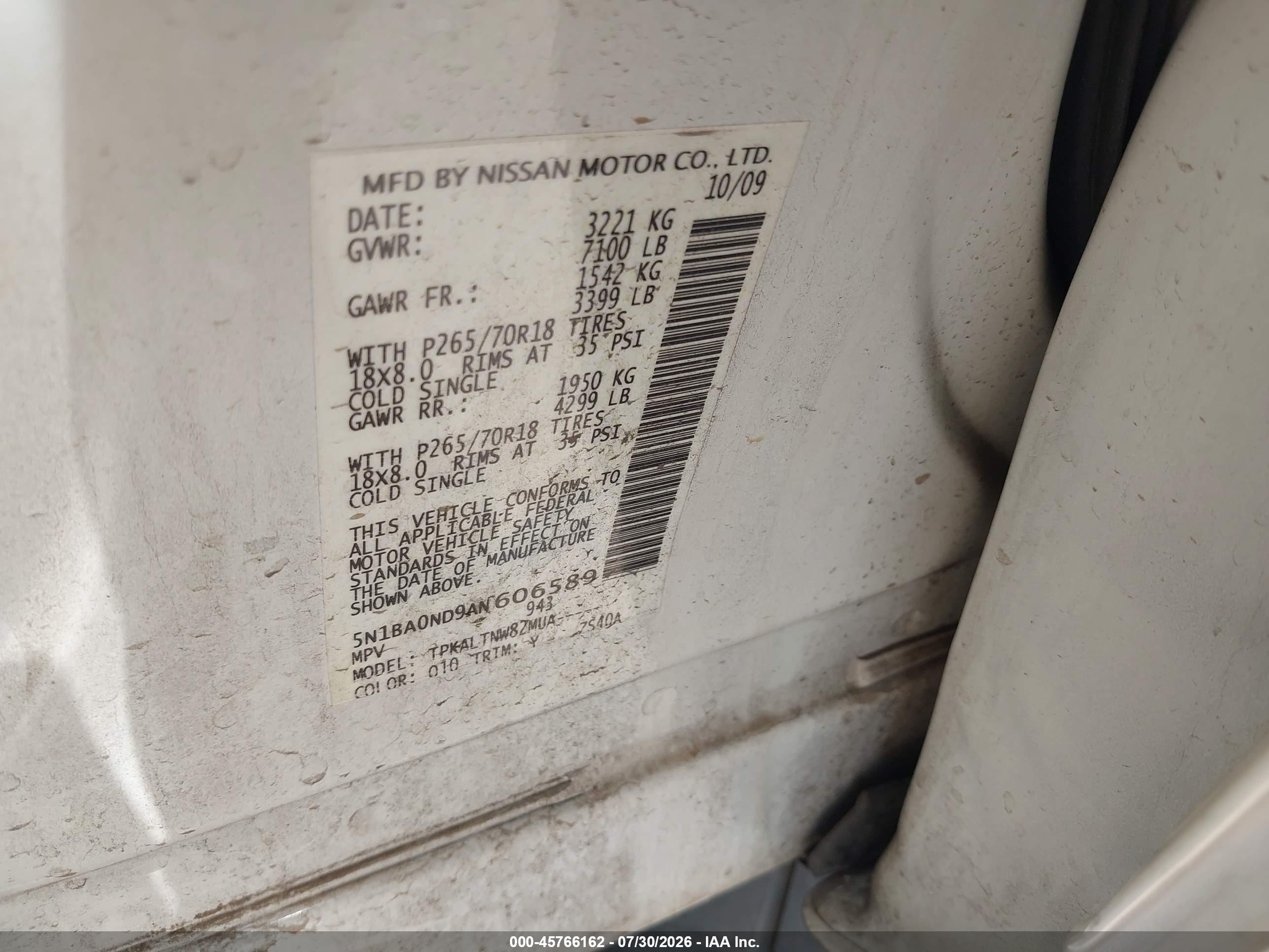2010 Nissan Armada Se White vin: 5N1BA0ND9AN606589