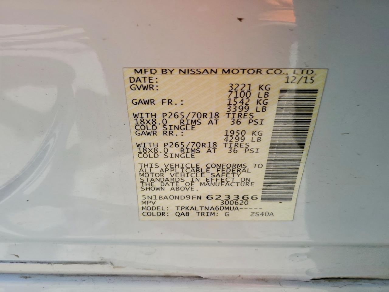 2015 Nissan Armada Sv White vin: 5N1BA0ND9FN623366