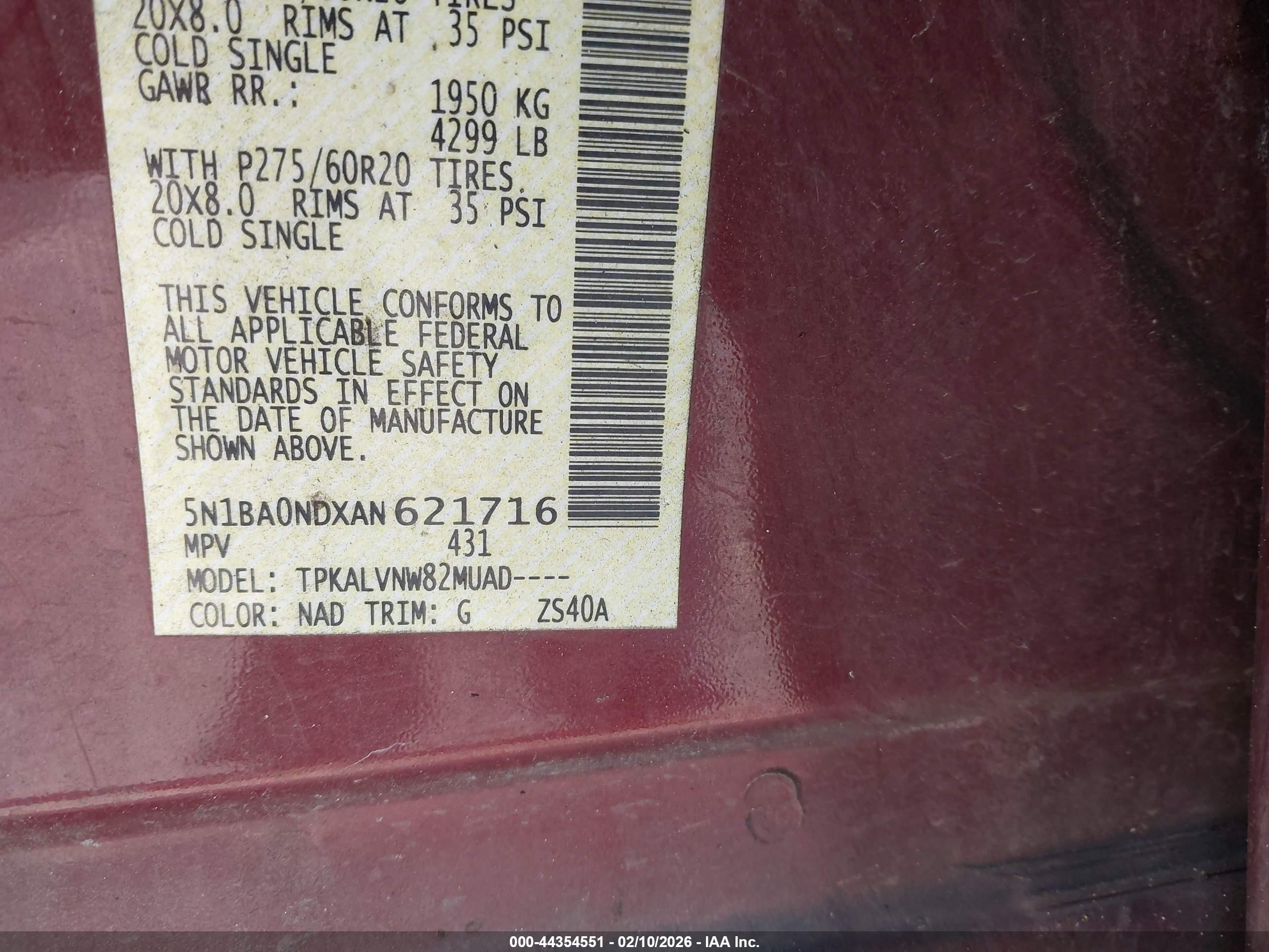 2010 Nissan Armada Titanium Burgundy vin: 5N1BA0NDXAN621716