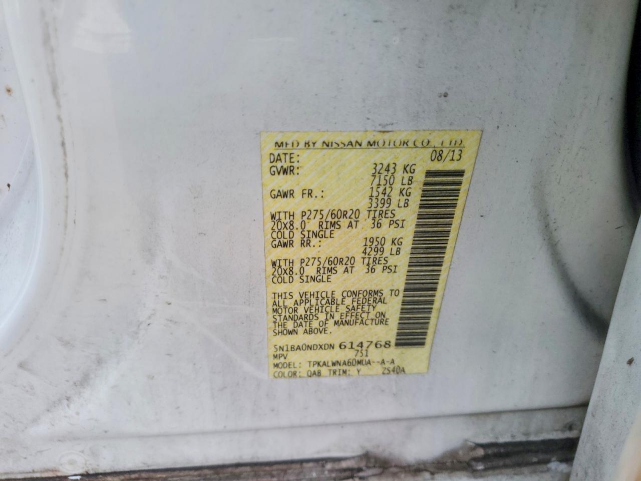 2013 Nissan Armada Sv White vin: 5N1BA0NDXDN614768