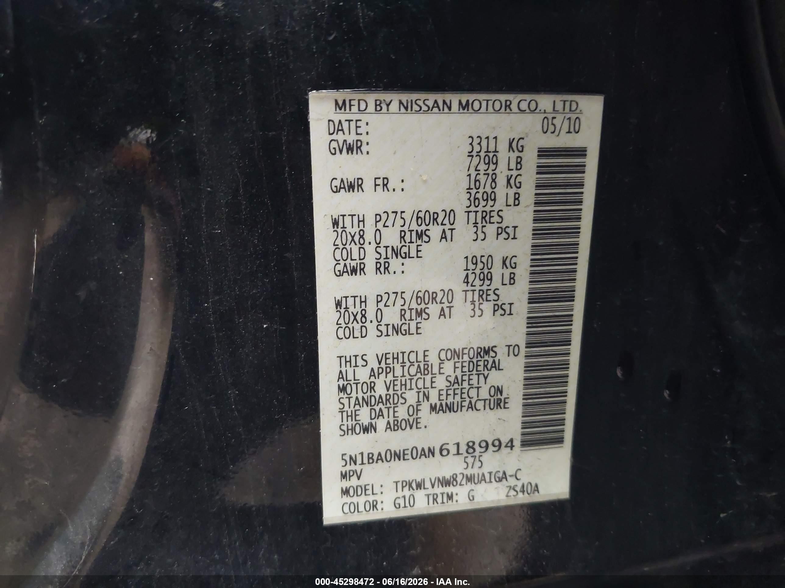 2010 Nissan Armada Platinum Black vin: 5N1BA0NE0AN618994