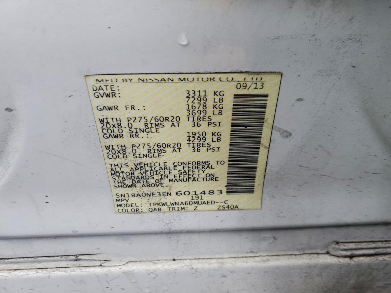 2014 Nissan Armada Platinum White vin: 5N1BA0NE3EN601483