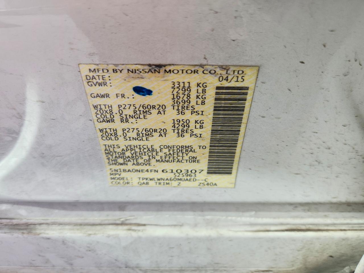 2015 Nissan Armada Platinum White vin: 5N1BA0NE4FN610307
