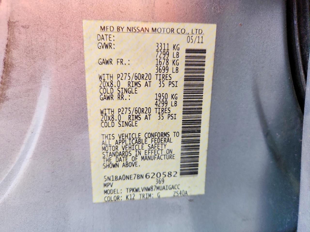 2011 Nissan Armada Platinum Silver vin: 5N1BA0NE7BN620582