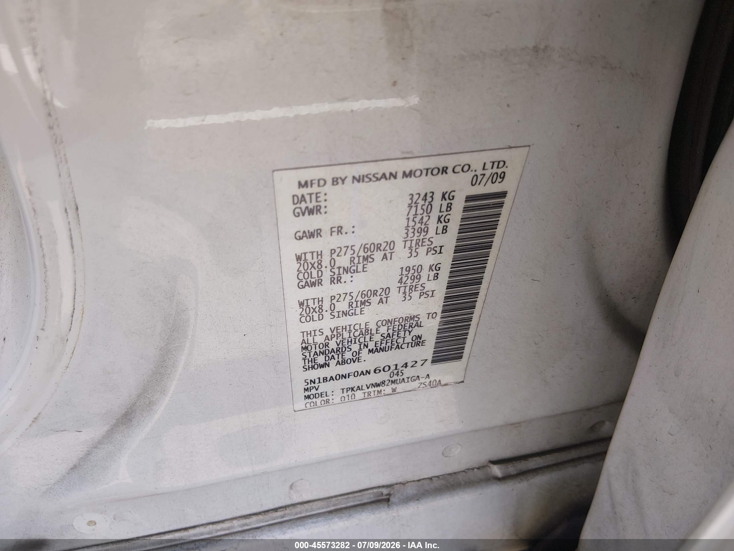 2010 Nissan Armada Platinum White vin: 5N1BA0NF0AN601427