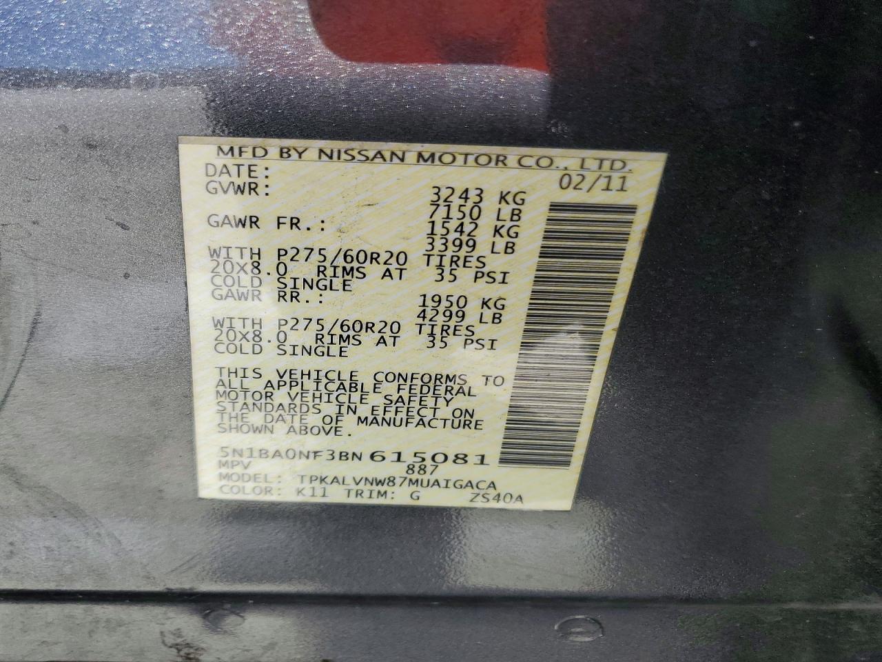 2011 Nissan Armada Platinum Charcoal vin: 5N1BA0NF3BN615081