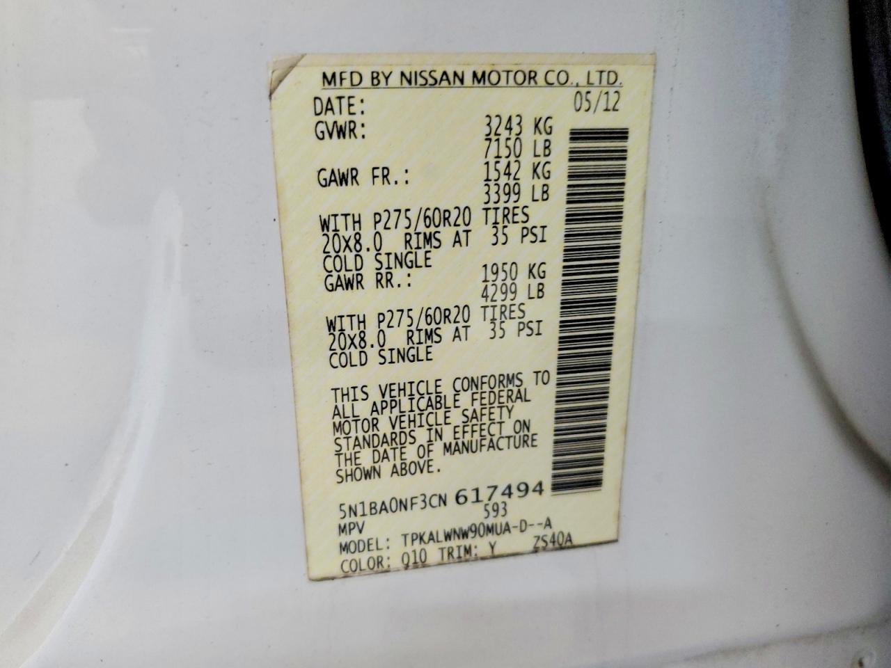2012 Nissan Armada Platinum White vin: 5N1BA0NF3CN617494