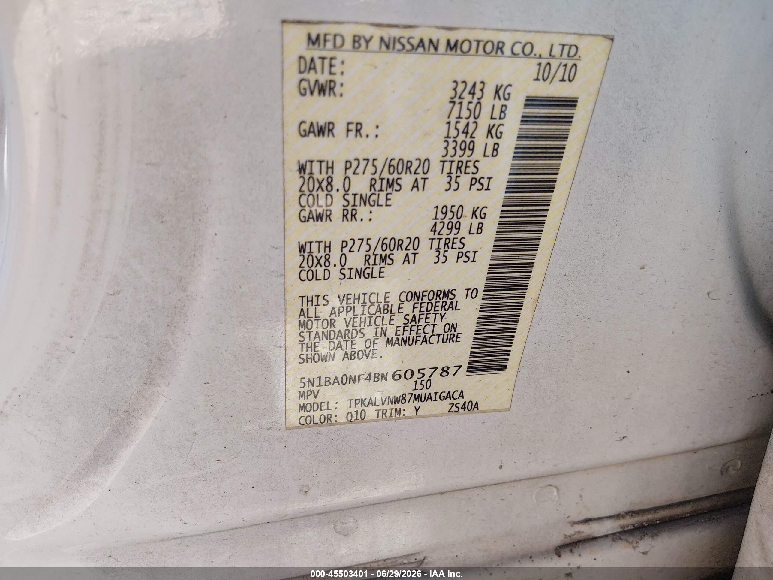 2011 Nissan Armada Platinum White vin: 5N1BA0NF4BN605787