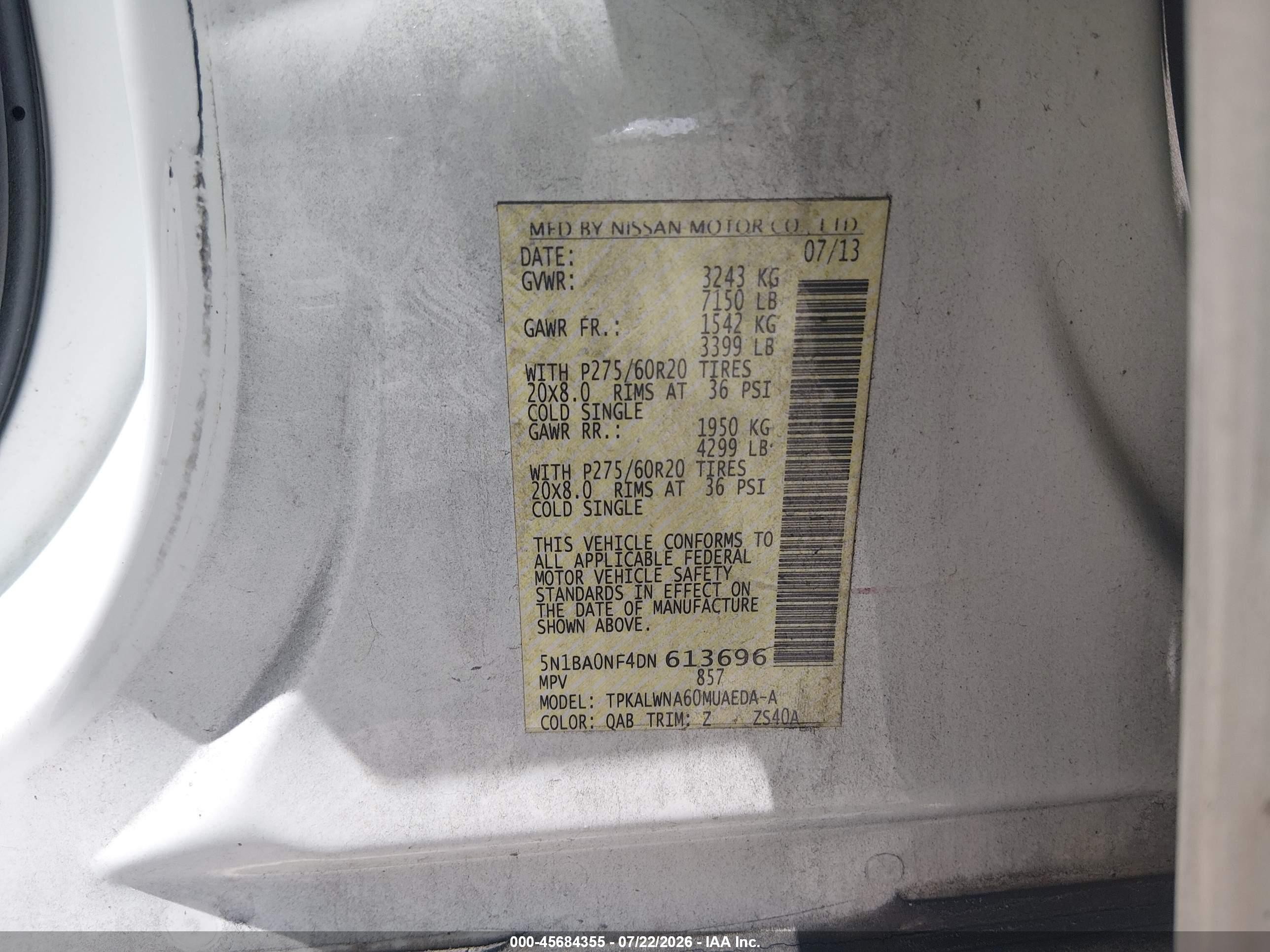 2013 Nissan Armada Platinum Белый vin: 5N1BA0NF4DN613696