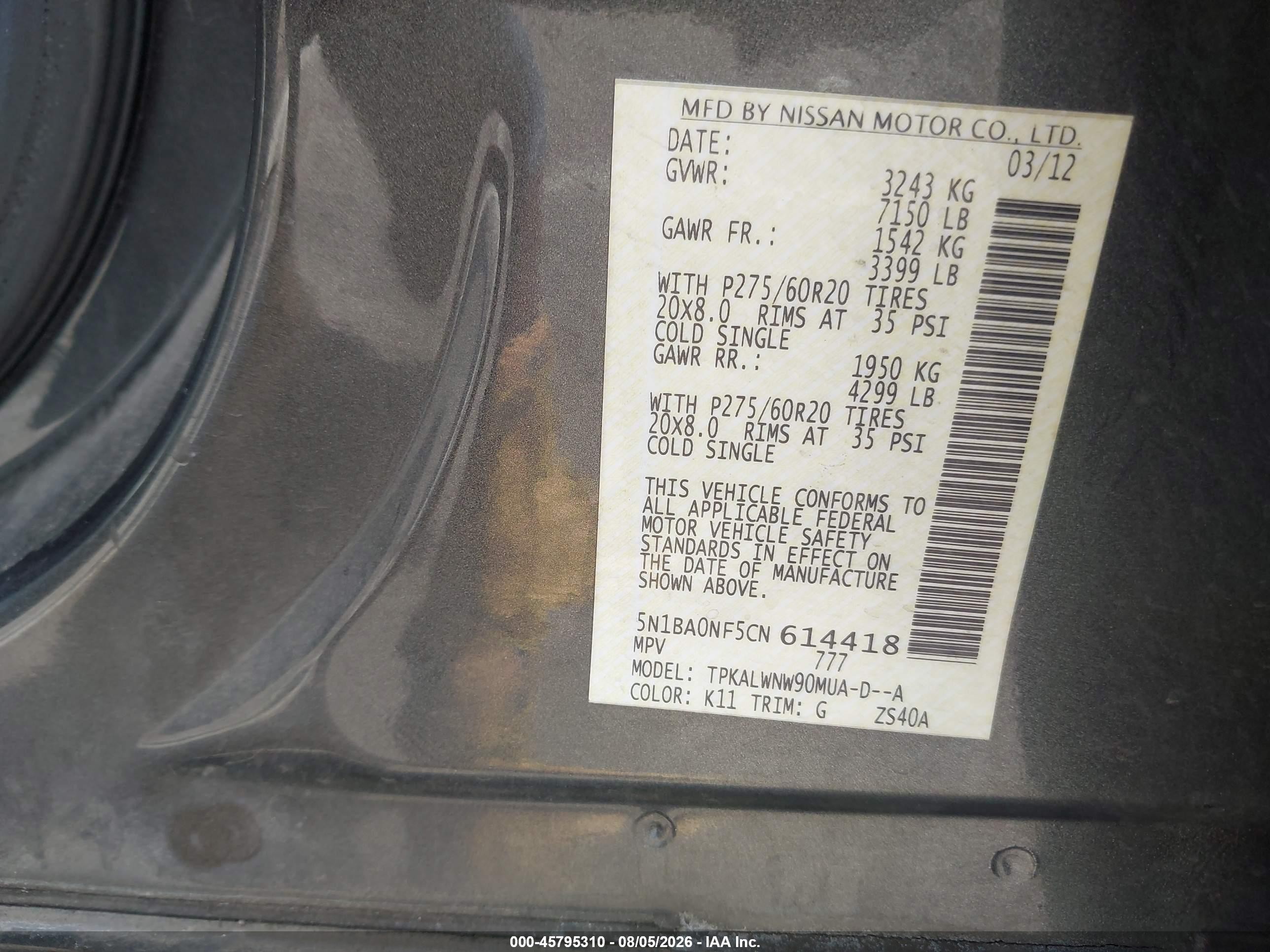 2012 Nissan Armada Platinum Gray vin: 5N1BA0NF5CN614418