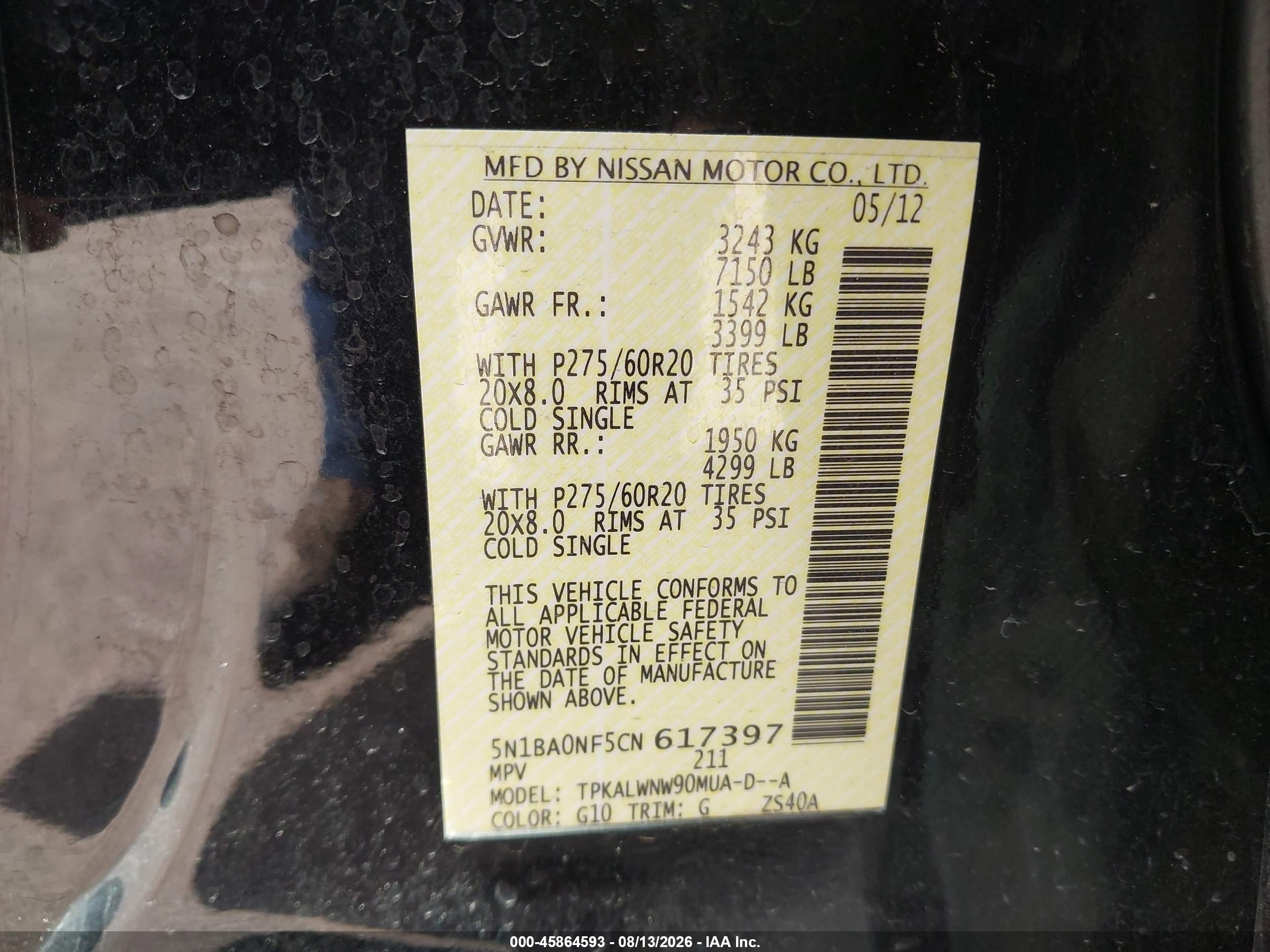 2012 Nissan Armada Platinum Black vin: 5N1BA0NF5CN617397