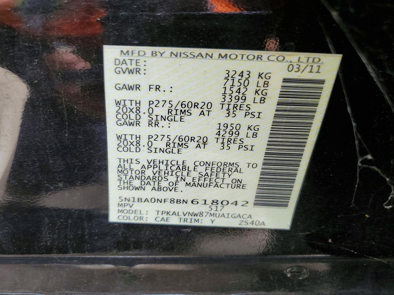 2011 Nissan Armada Platinum Black vin: 5N1BA0NF8BN618042
