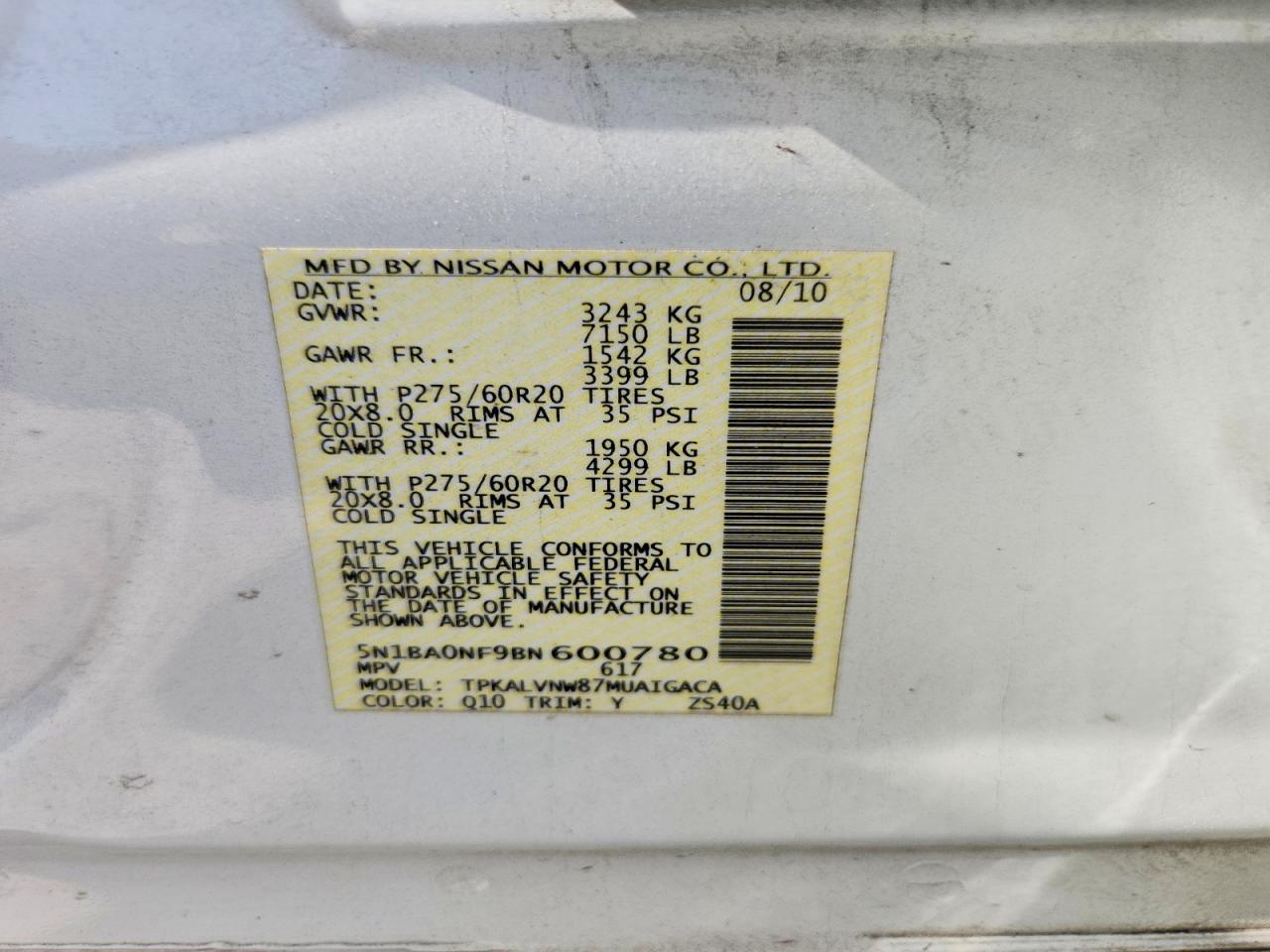 2011 Nissan Armada Platinum White vin: 5N1BA0NF9BN600780