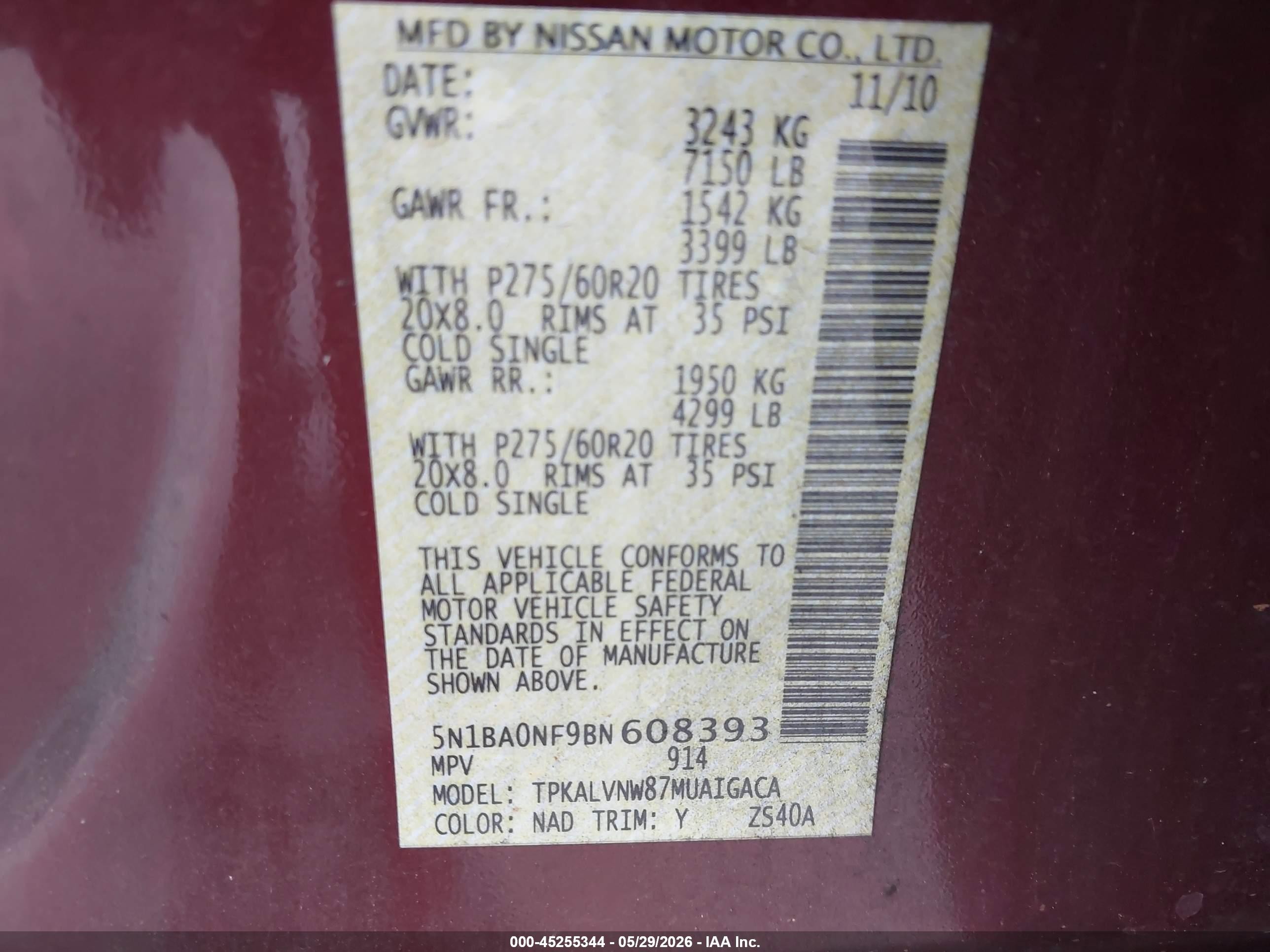 2011 Nissan Armada Platinum Burgundy vin: 5N1BA0NF9BN608393