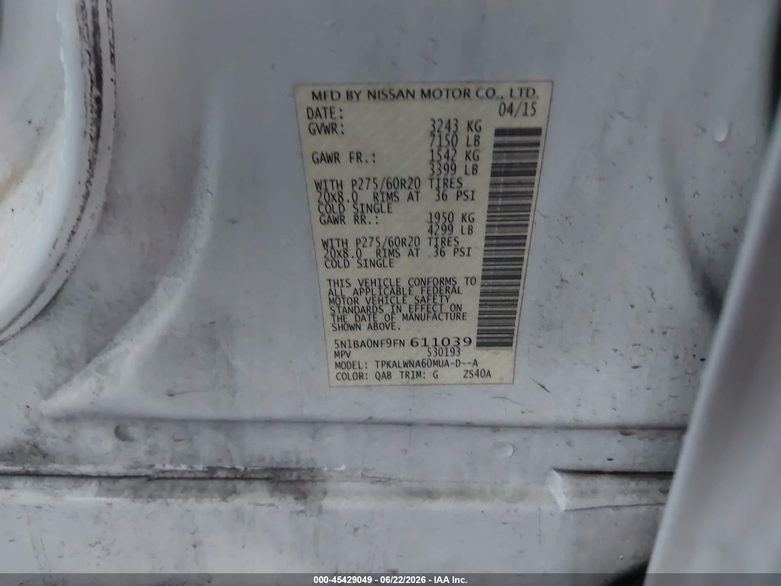 2015 Nissan Armada Platinum Белый vin: 5N1BA0NF9FN611039