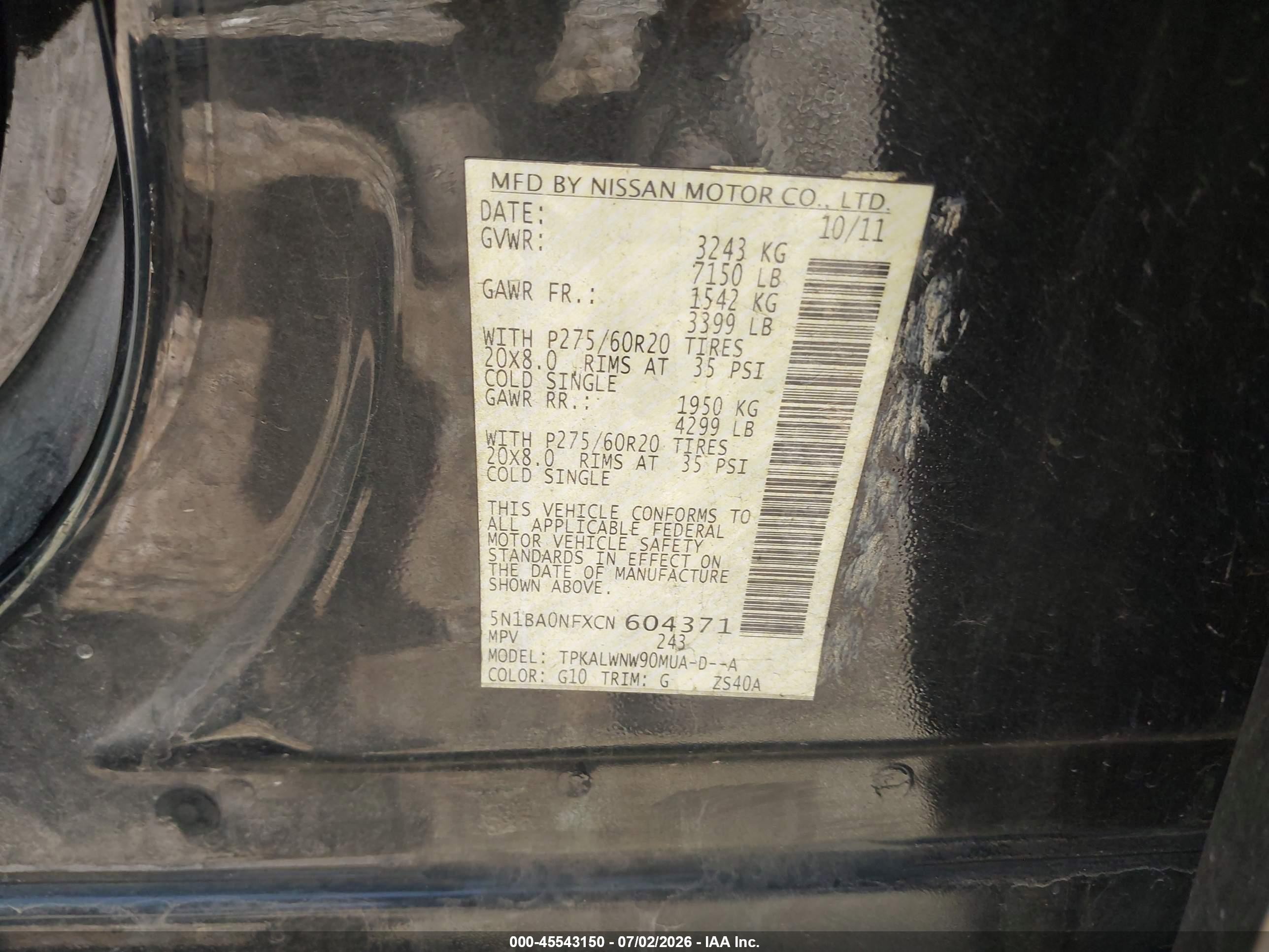 2012 Nissan Armada Platinum Black vin: 5N1BA0NFXCN604371