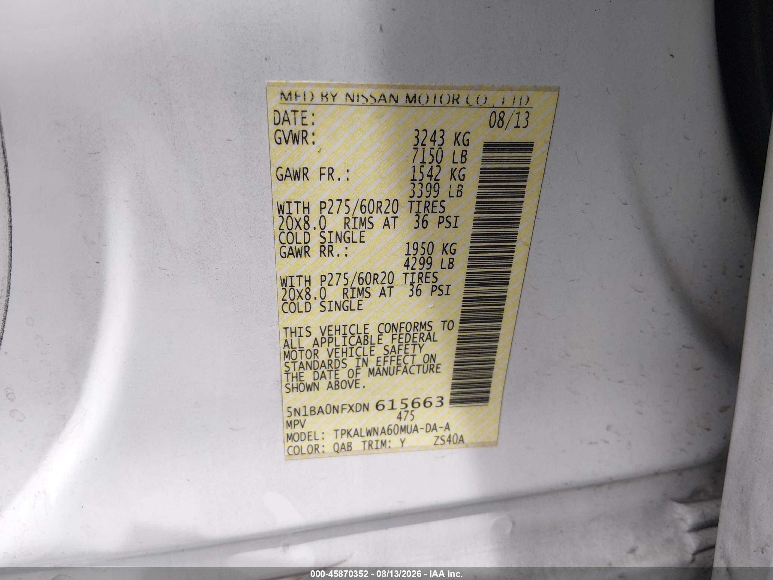 2013 Nissan Armada Platinum Белый vin: 5N1BA0NFXDN615663