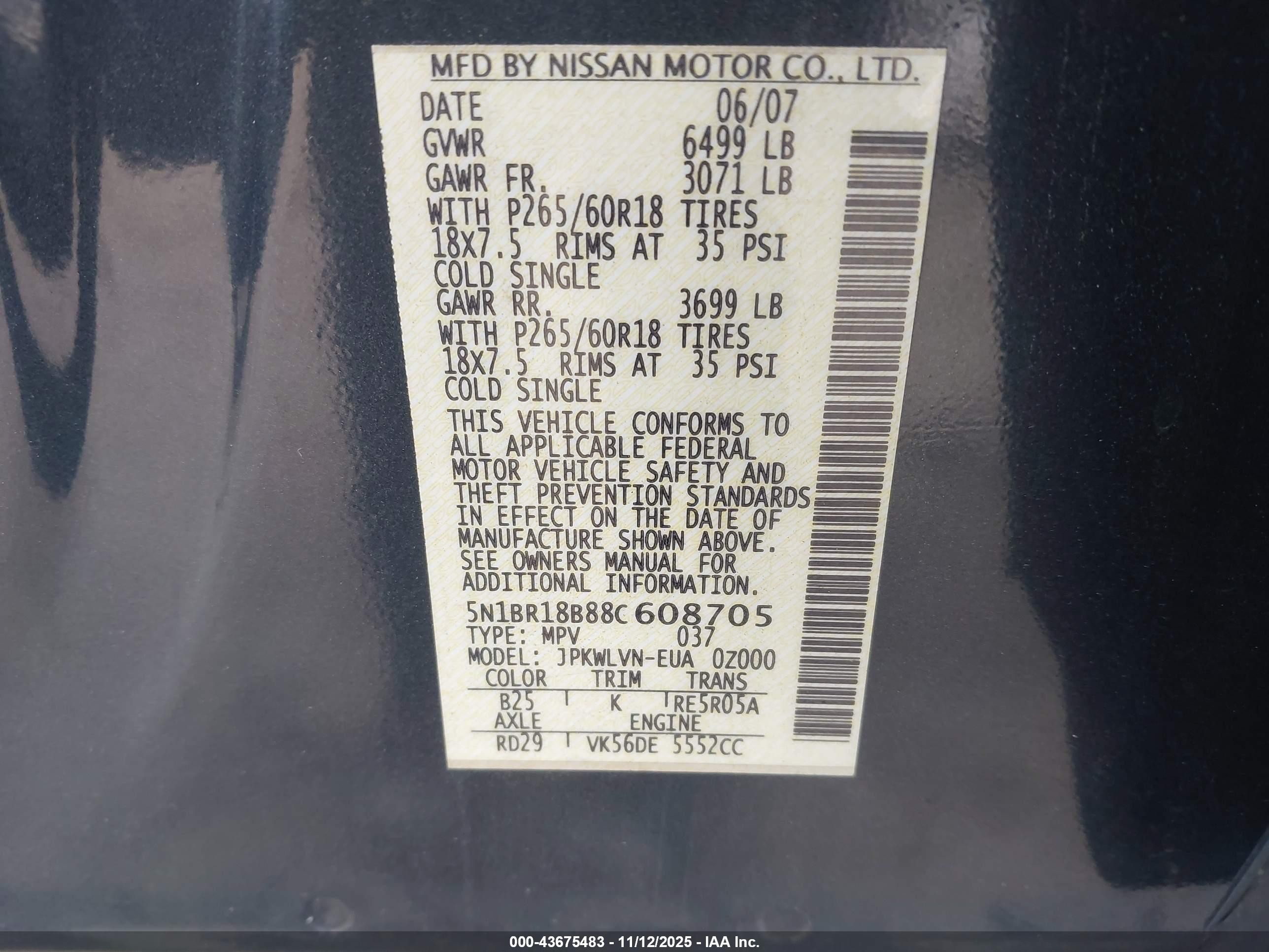 2008 Nissan Pathfinder Le V8 Blue vin: 5N1BR18B88C608705