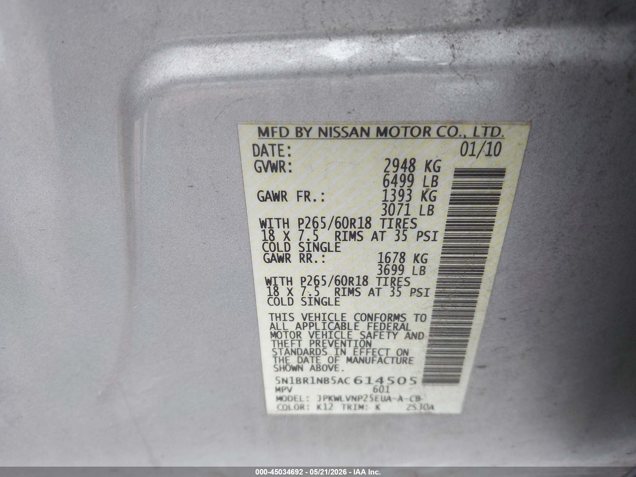 2010 Nissan Pathfinder Le V8 Silver vin: 5N1BR1NB5AC614505