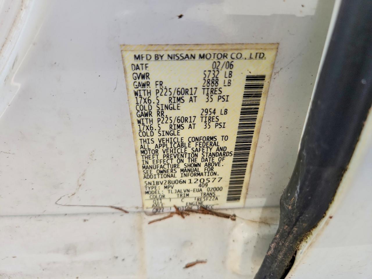 2006 Nissan Quest 3.5 White vin: 5N1BV28U06N120577