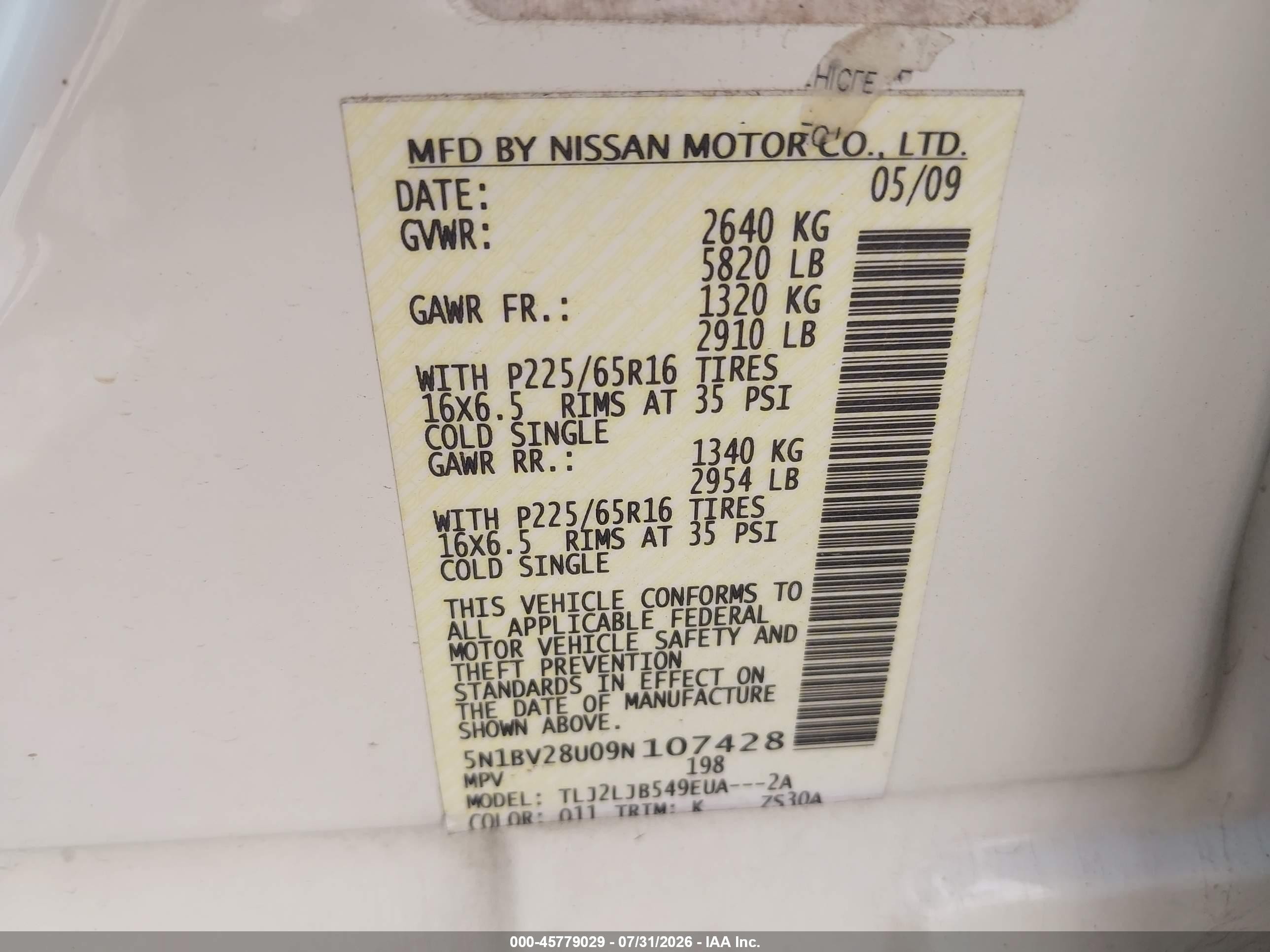 2009 Nissan Quest 3.5 Sl White vin: 5N1BV28U09N107428