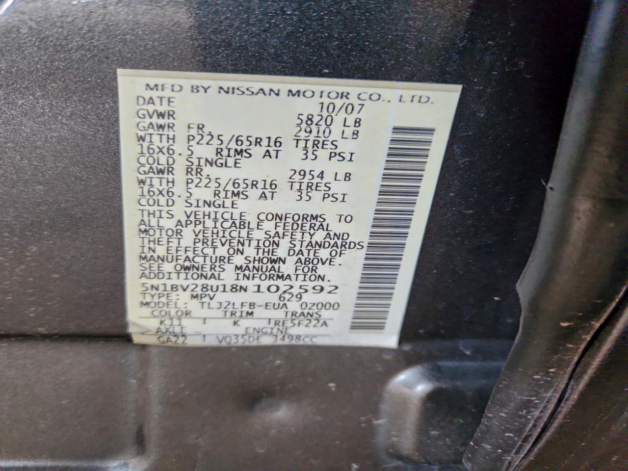 2008 Nissan Quest S Gray vin: 5N1BV28U18N102592
