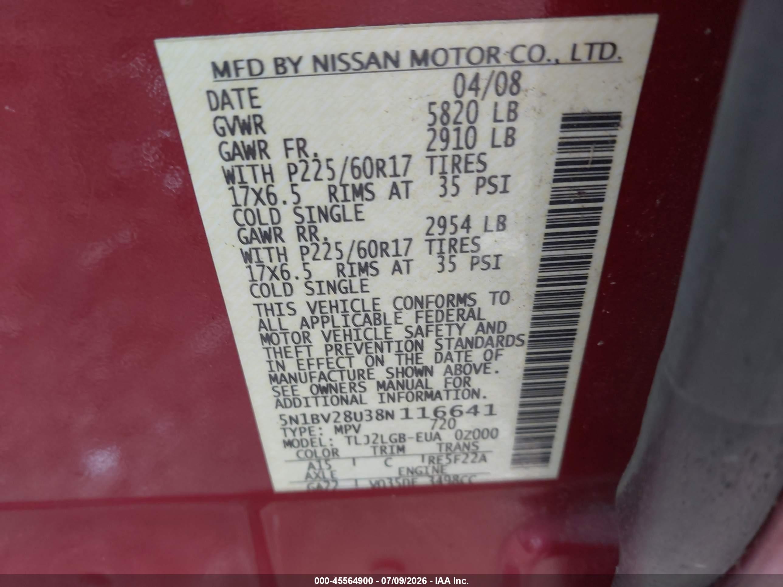 2008 Nissan Quest 3.5 Se Red vin: 5N1BV28U38N116641