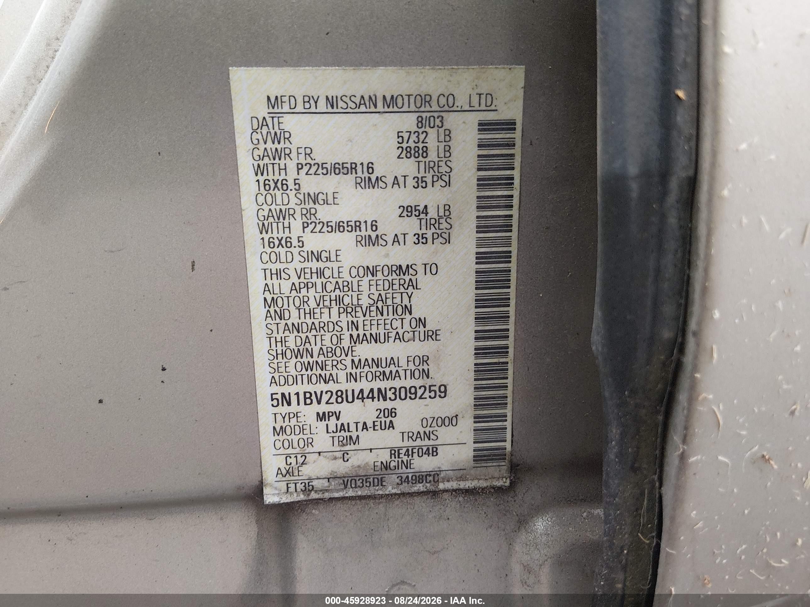 2004 Nissan Quest 3.5 Sl Gold vin: 5N1BV28U44N309259