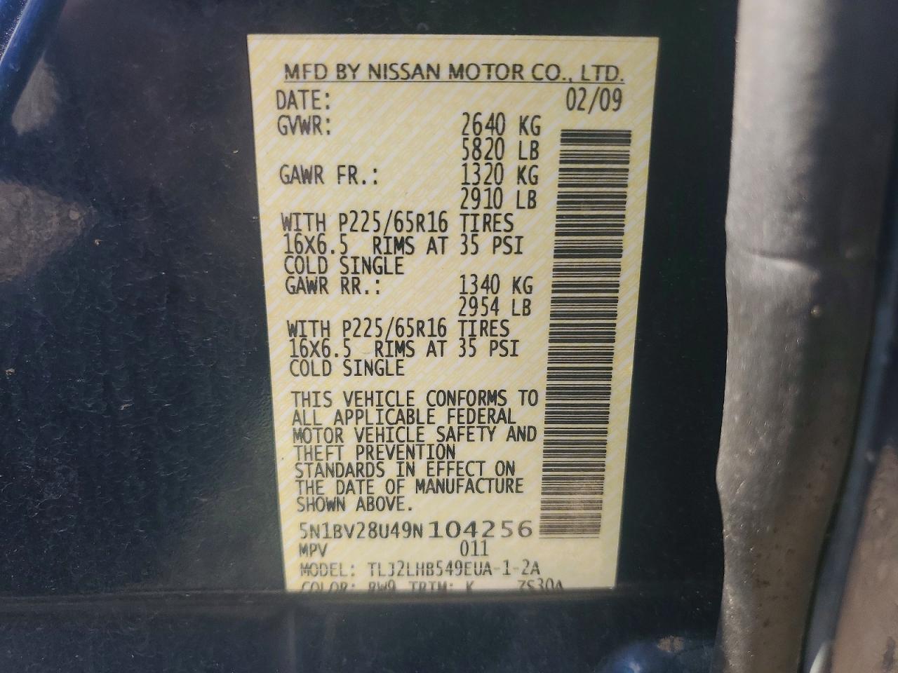 2009 Nissan Quest 3.5 Blue vin: 5N1BV28U49N104256
